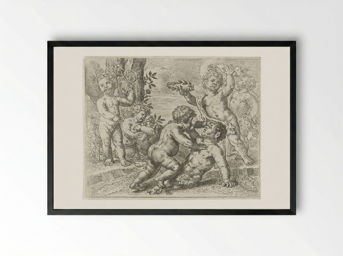 Vechtende putti - Pieter van Lint - Framed Print Black
