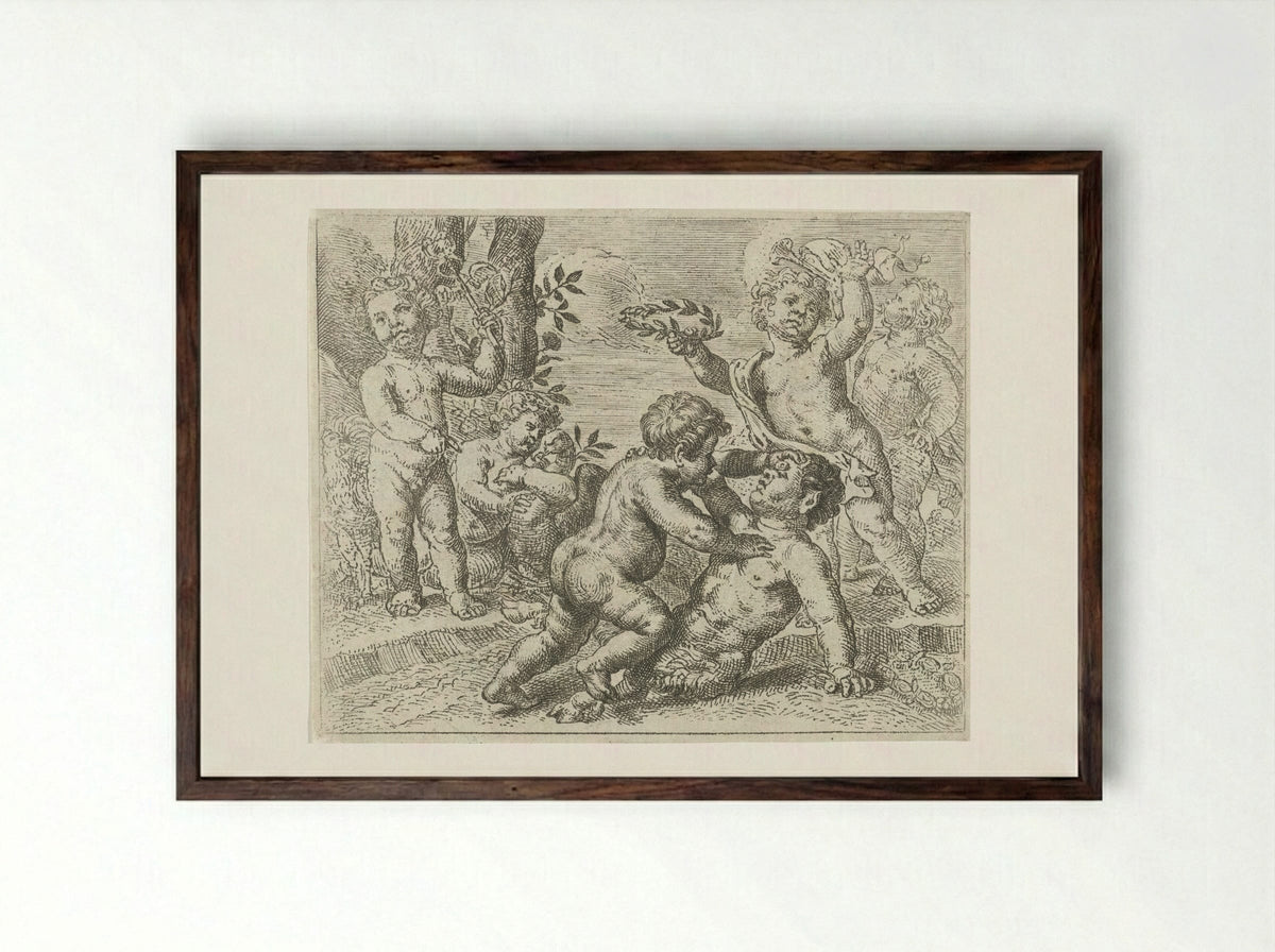 Vechtende putti - Pieter van Lint - Framed Print Dark Wood