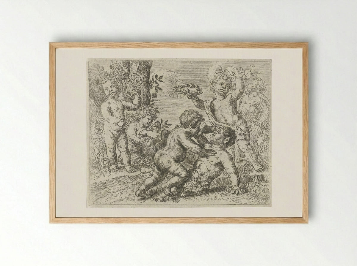 Vechtende putti - Pieter van Lint - Framed Print Wood