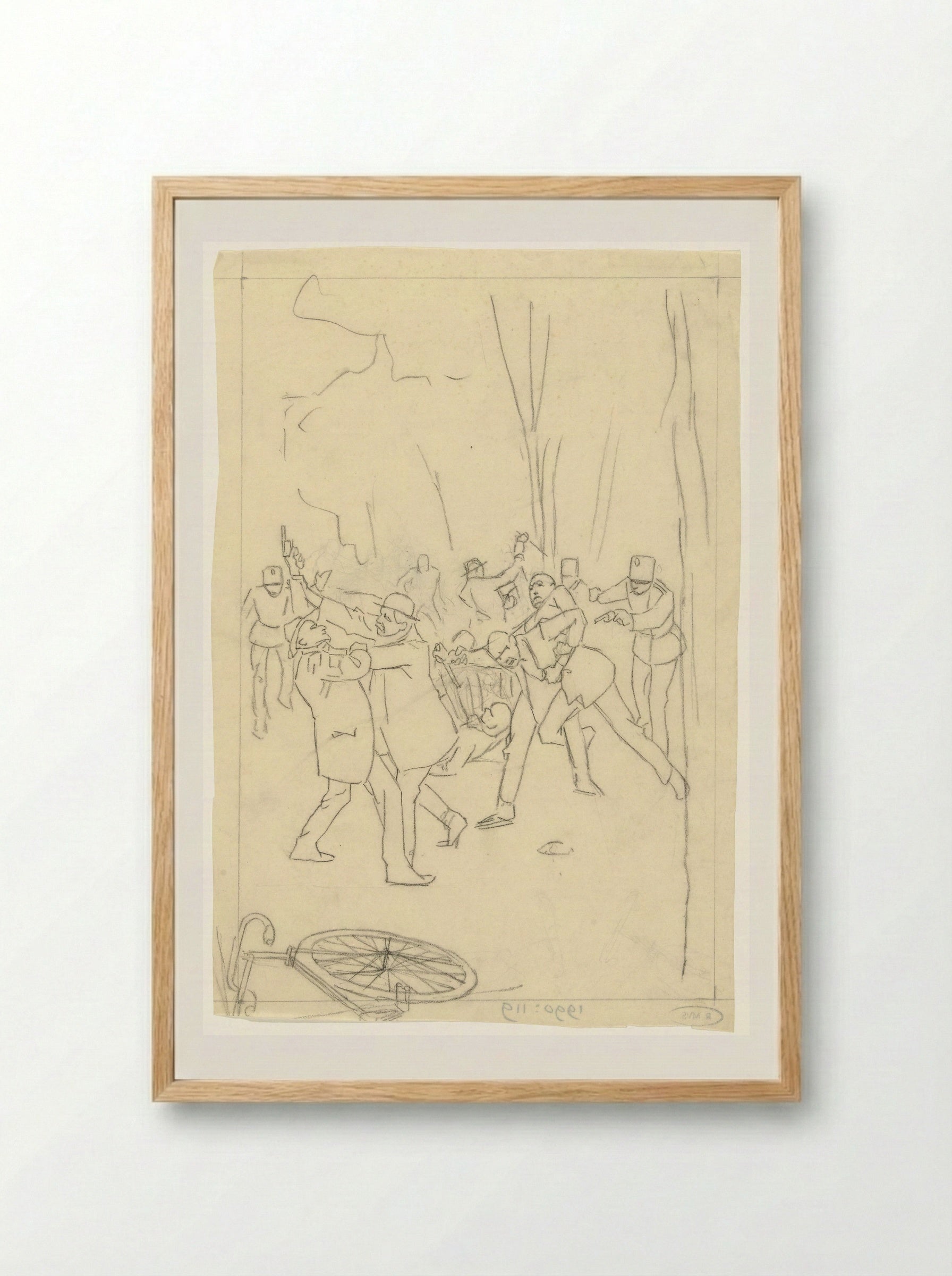 Vechtpartij op straat met toesnellende agenten - Johan Braakensiek - Framed Print Wood