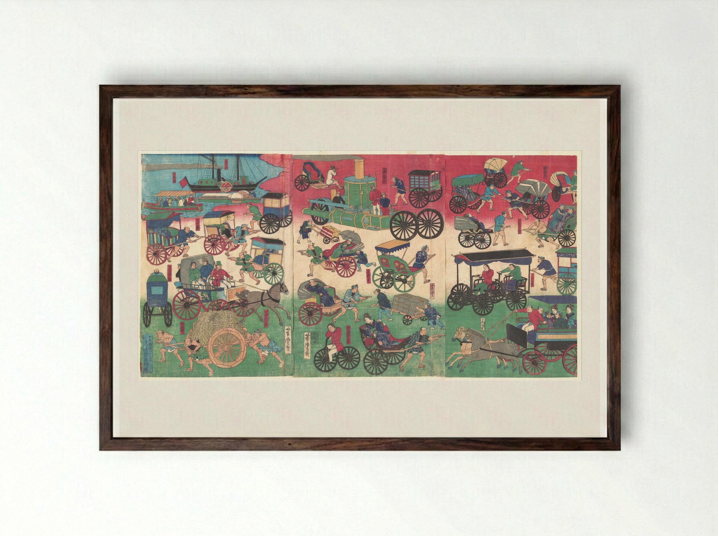 Vehicles on the Streets of Tokyo - Utagawa Yoshitora - Framed Print Dark Wood