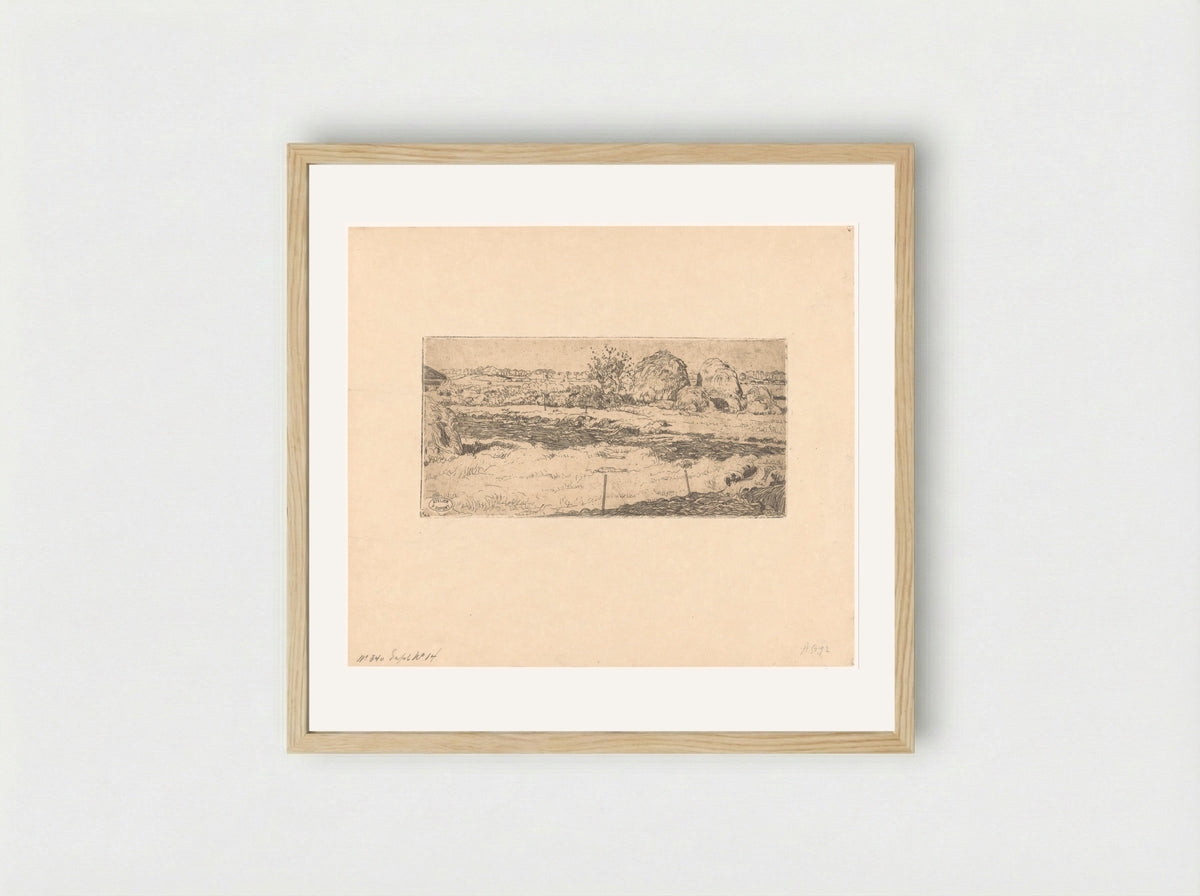 Veld met hooioppers (Field with Haystacks) - Pieter Dupont - Framed Print Wood