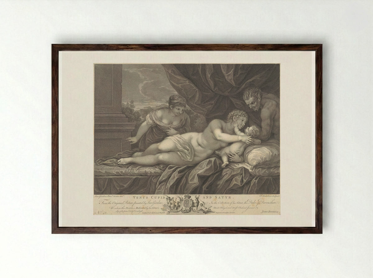 Venus, Cupid, and a Satyr - Francesco Bartolozzi - Framed Print Dark Wood