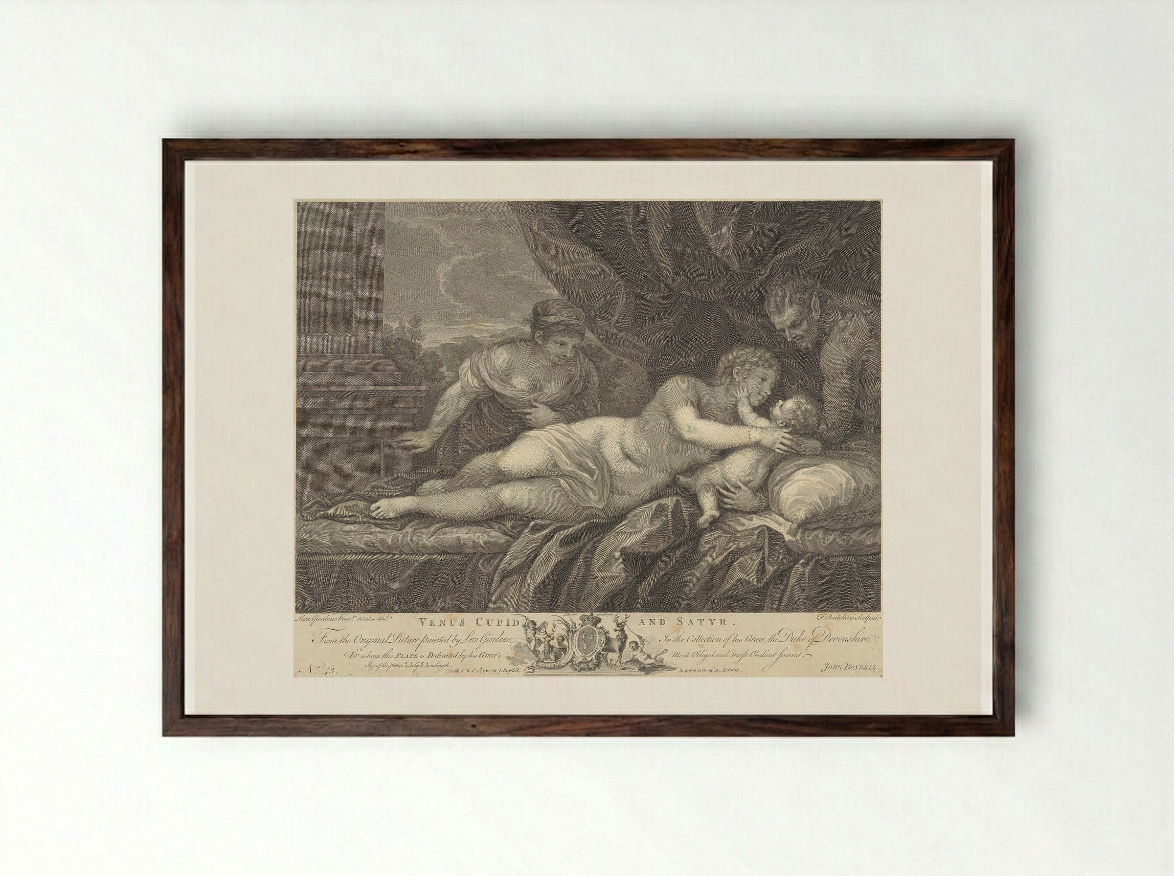 Venus, Cupid, and a Satyr - Francesco Bartolozzi - Framed Print Dark Wood