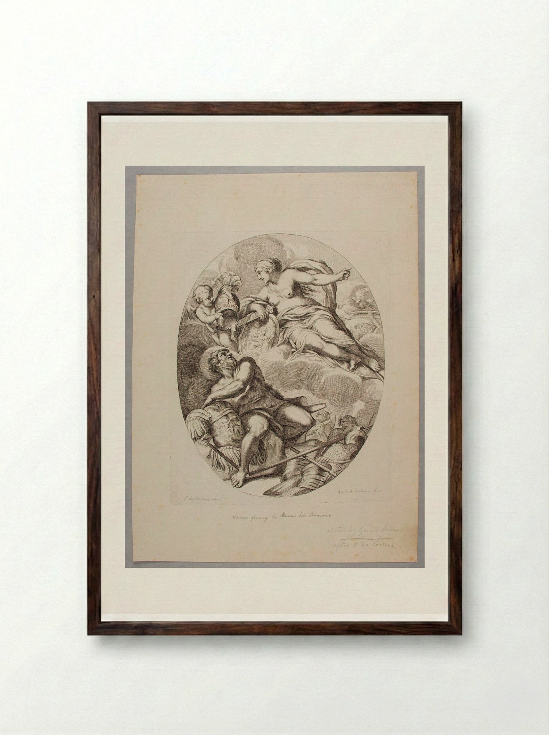 Venus Demands of Vulcan the Arms which he has Forged for Aeneas - Gérard Audran - Framed Print Dark Wood