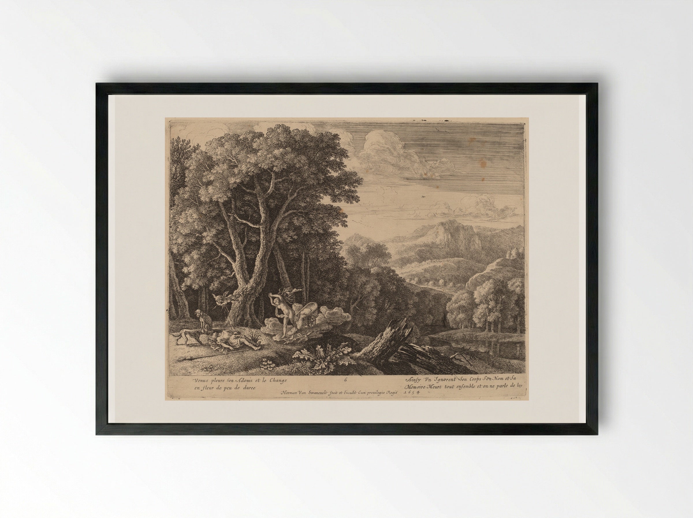 Venus Lamenting over Adonis' Death - Herman van Swanevelt - Framed Print Black