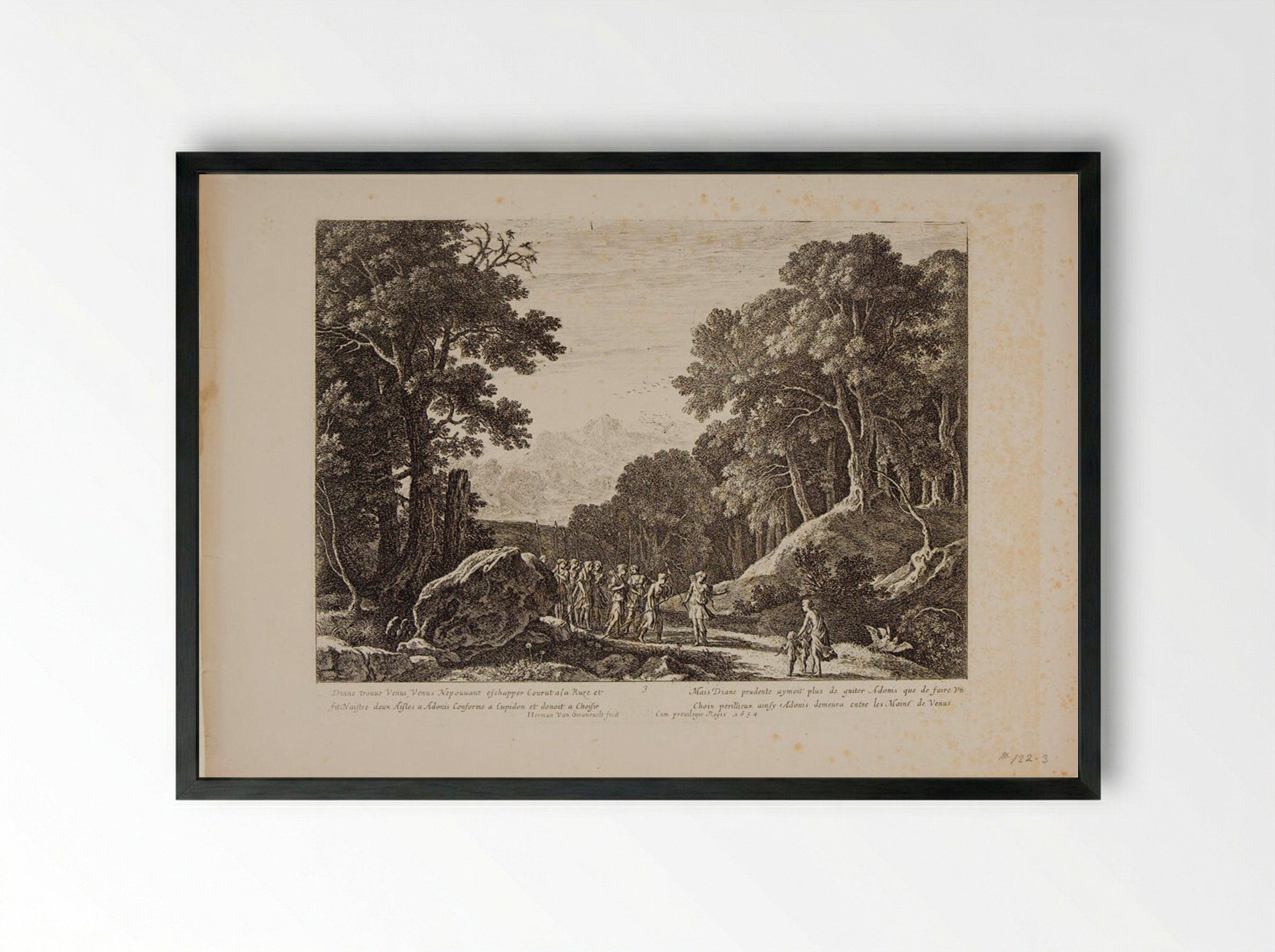 Venus Presents to Diana Cupid and the Young Adonis - Herman van Swanevelt - Framed Print Black