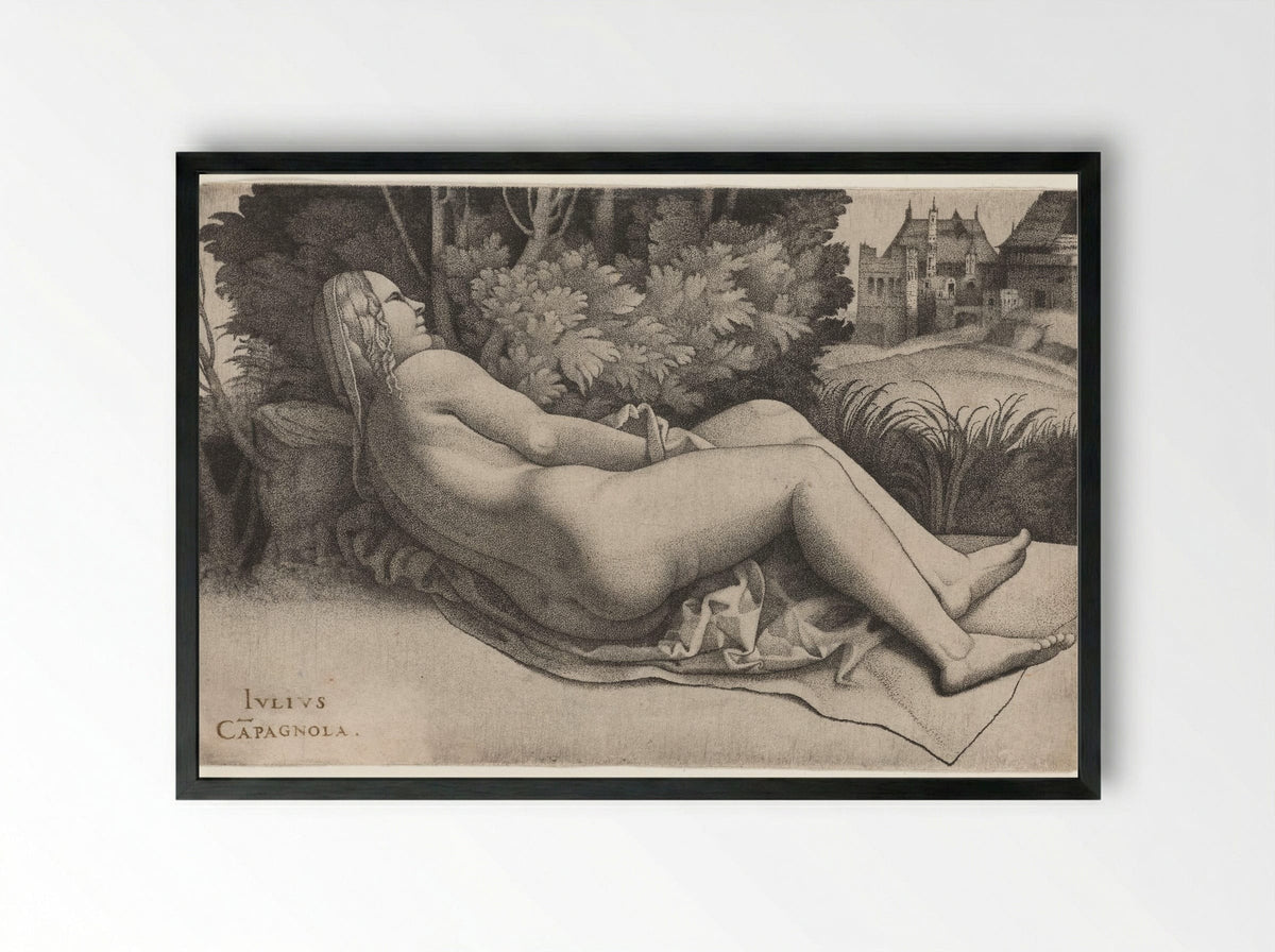 Venus Reclining in a Landscape - Giulio Campagnola - Framed Print Black