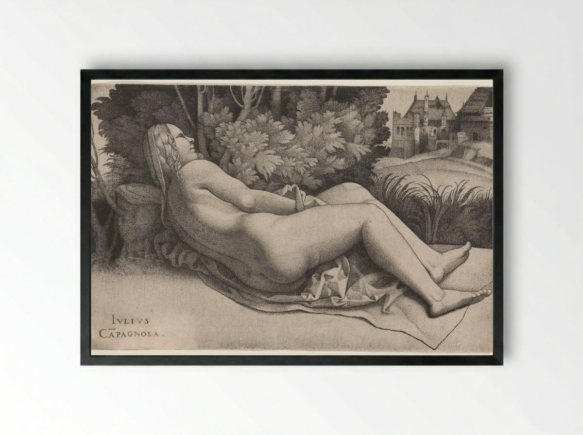 Venus Reclining in a Landscape - Giulio Campagnola - Framed Print Black