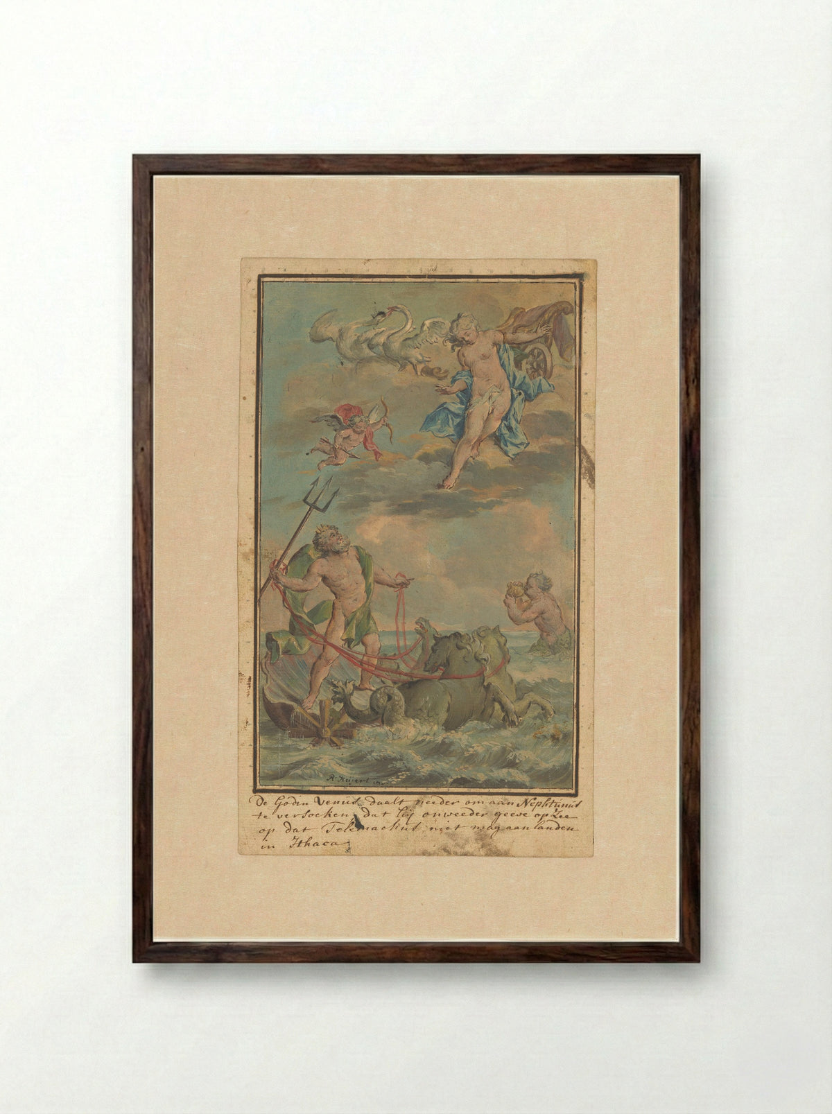 Venus Requests Neptune to Prevent Telemachus from Landing on Ithaca - Rienk Keyert - Framed Print Dark Wood
