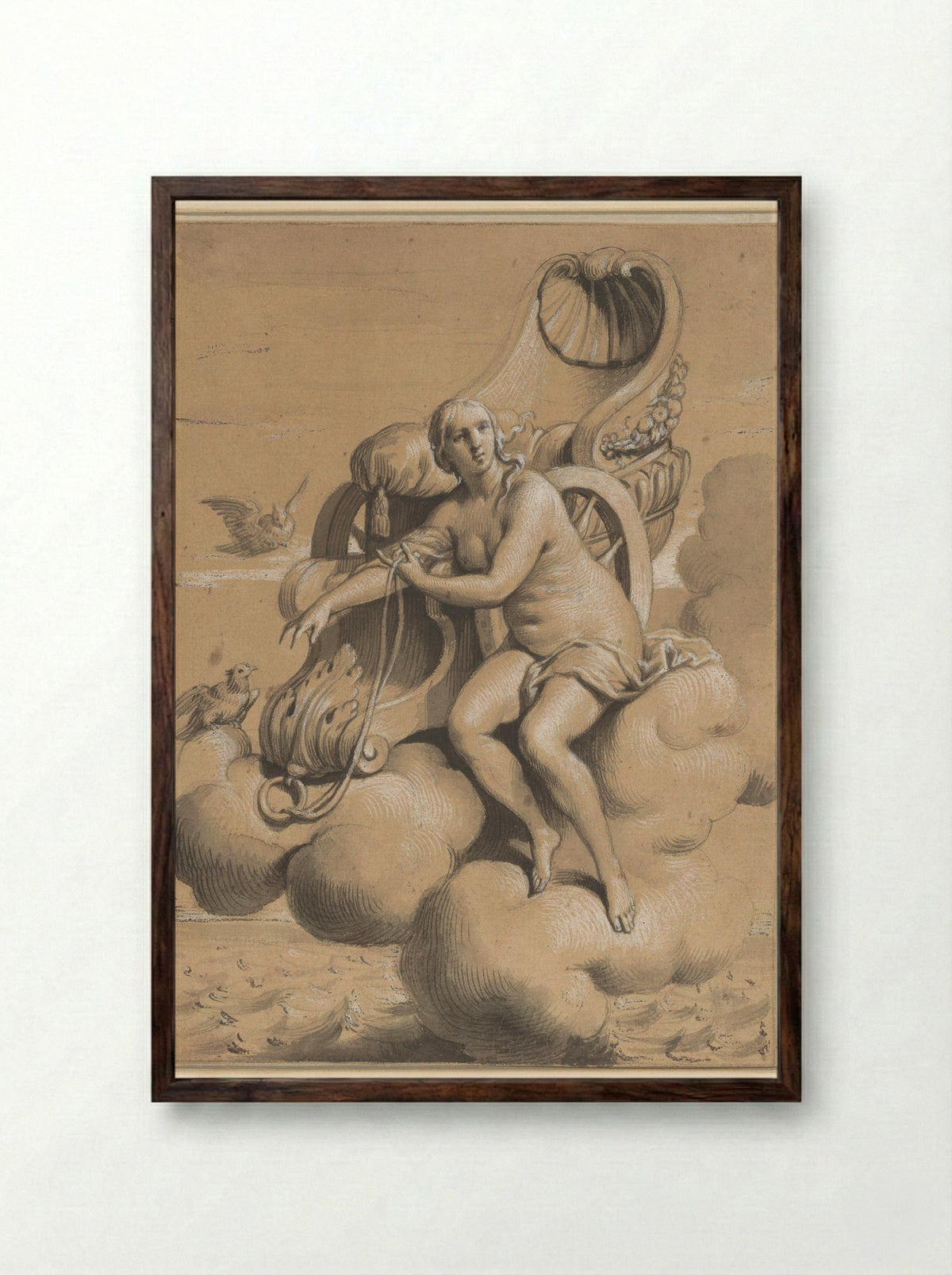 Venus Seated Beside Her Chariot on the Clouds - François Verdier - Framed Print Dark Wood