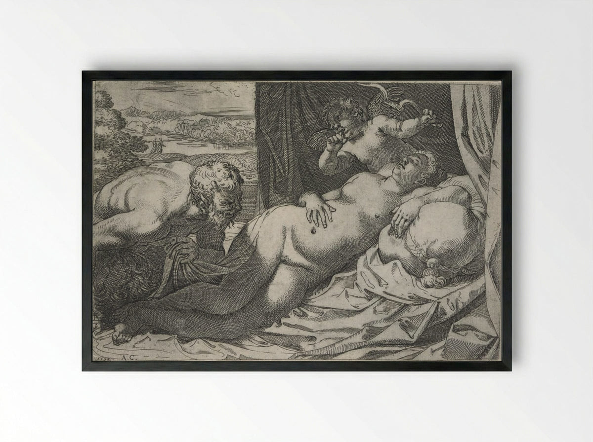 Venus and a Satyr - Annibale Carracci - Framed Print Black