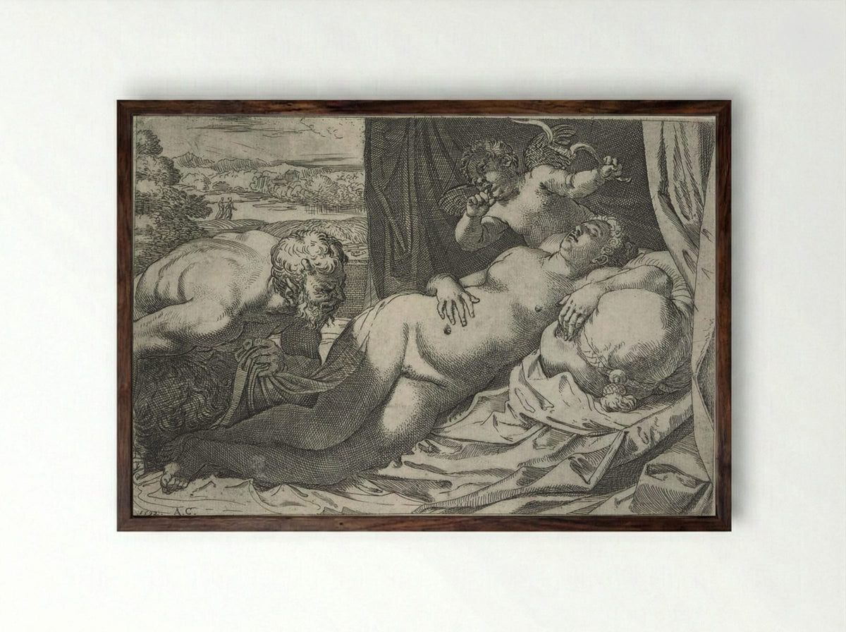Venus and a Satyr - Annibale Carracci - Framed Print Dark Wood