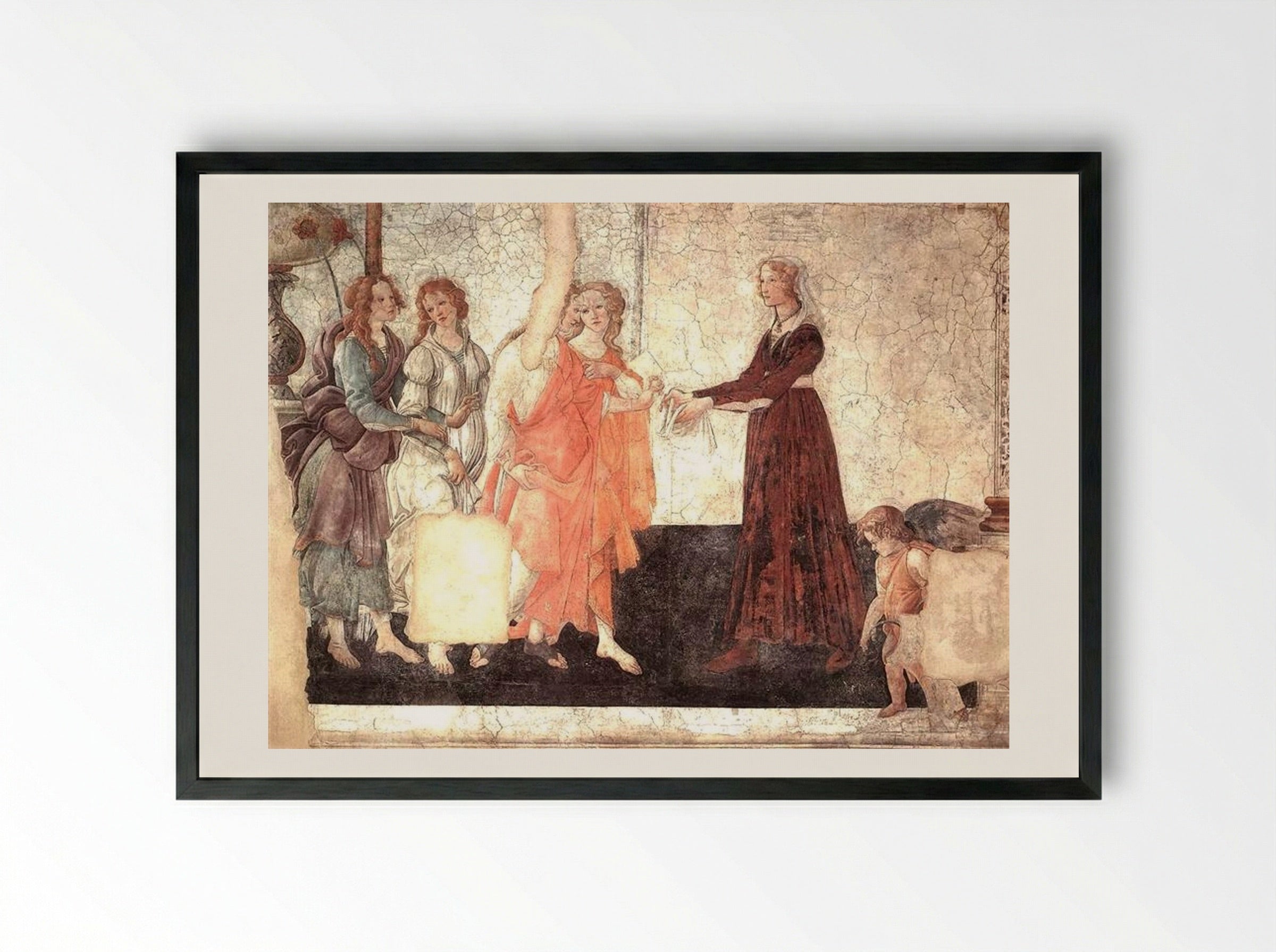 Venus and the Graces offering gifts to a young girl - Sandro Botticelli - Framed Print Black