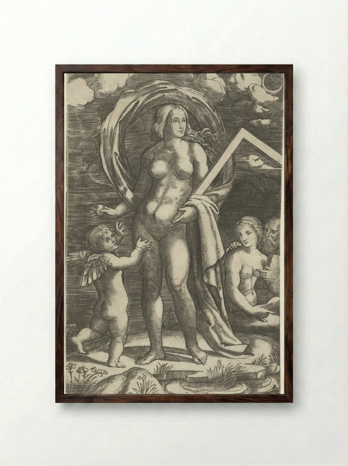 Venus with a Square, Cupid, and a Couple - Giacomo Francia - Framed Print Dark Wood