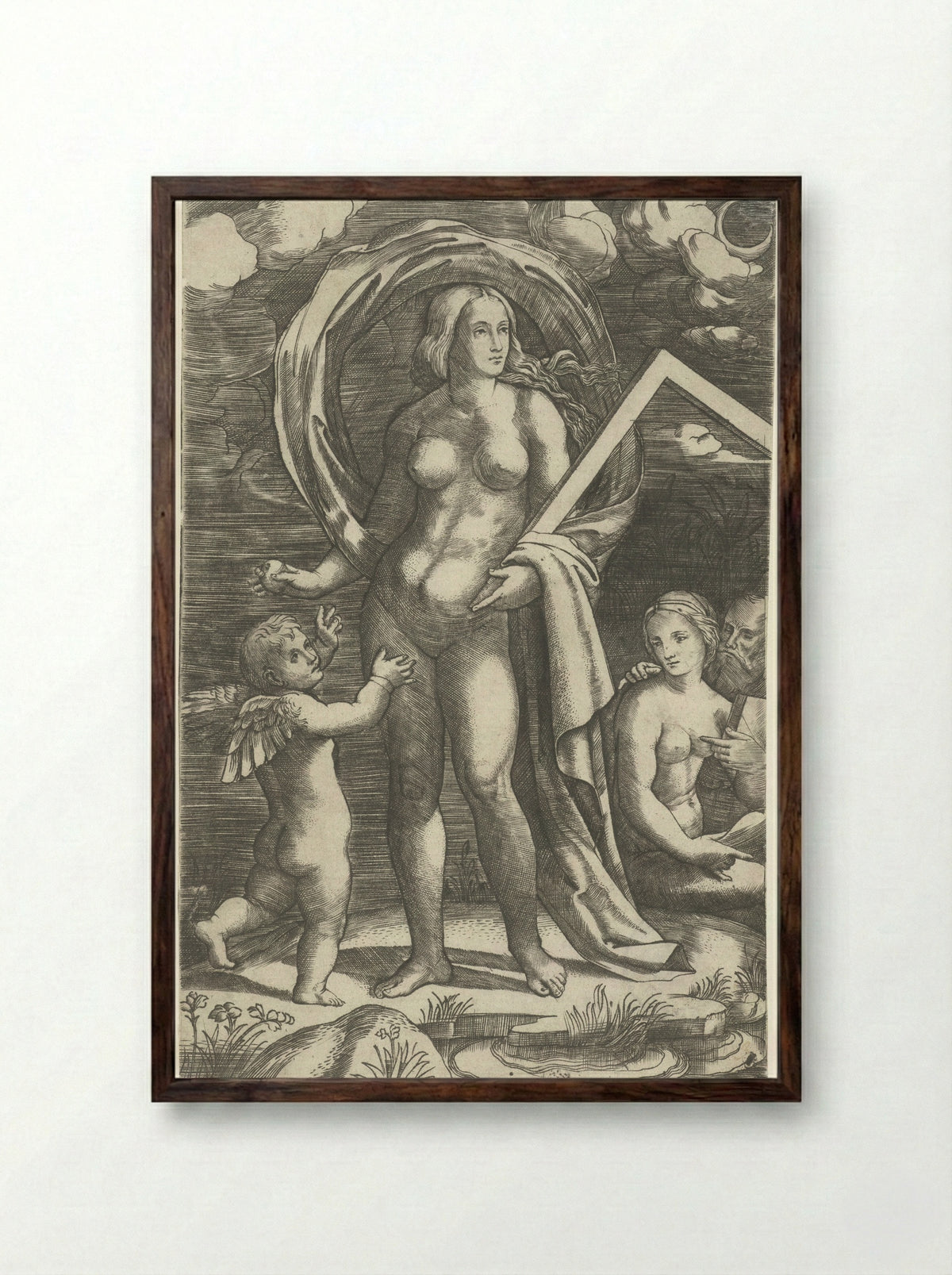 Venus with a Square, Cupid, and a Couple - Giacomo Francia - Framed Print Dark Wood
