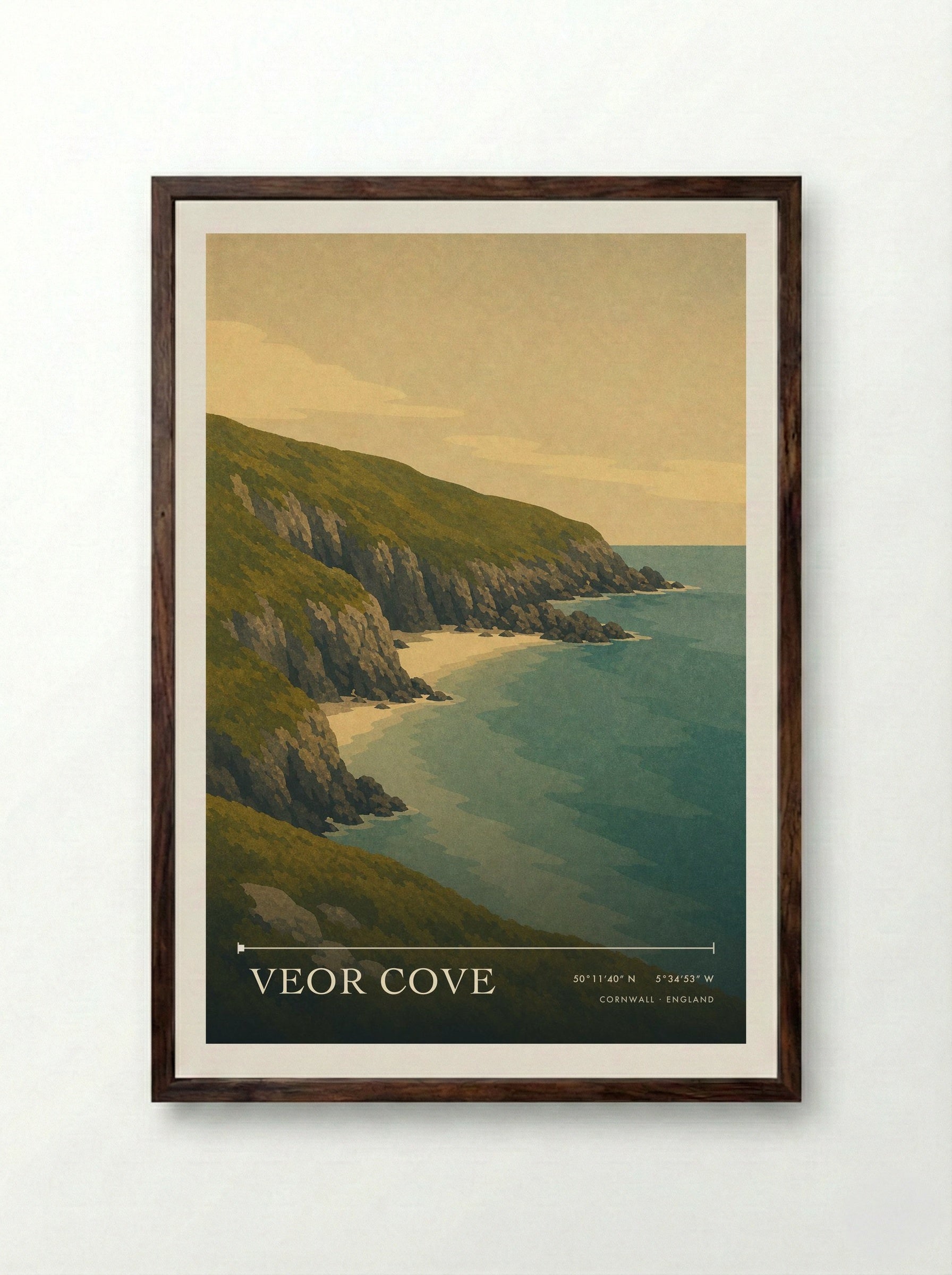 Veor Cove Cornwall England Travel Poster - Framed Print Dark Wood