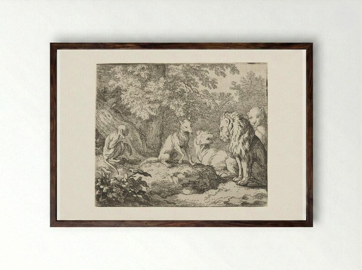 Verdere leugens van Reinaert de vos - Allaert van Everdingen - Framed Print Dark Wood