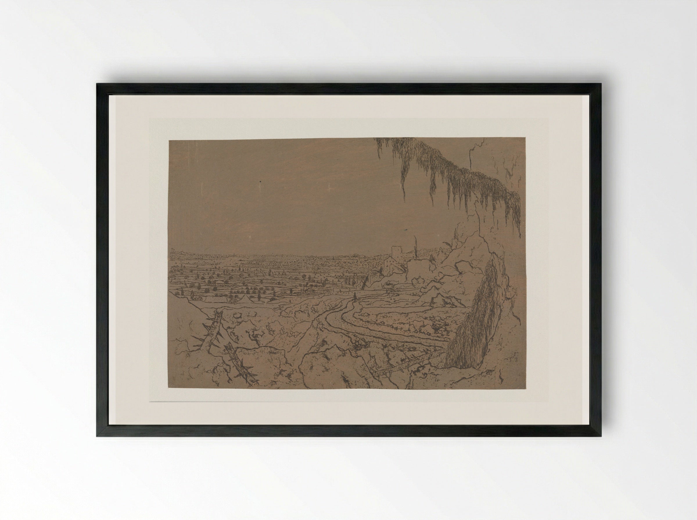 Vergezicht met een weg en bemoste takken - Hercules Segers - Framed Print Black