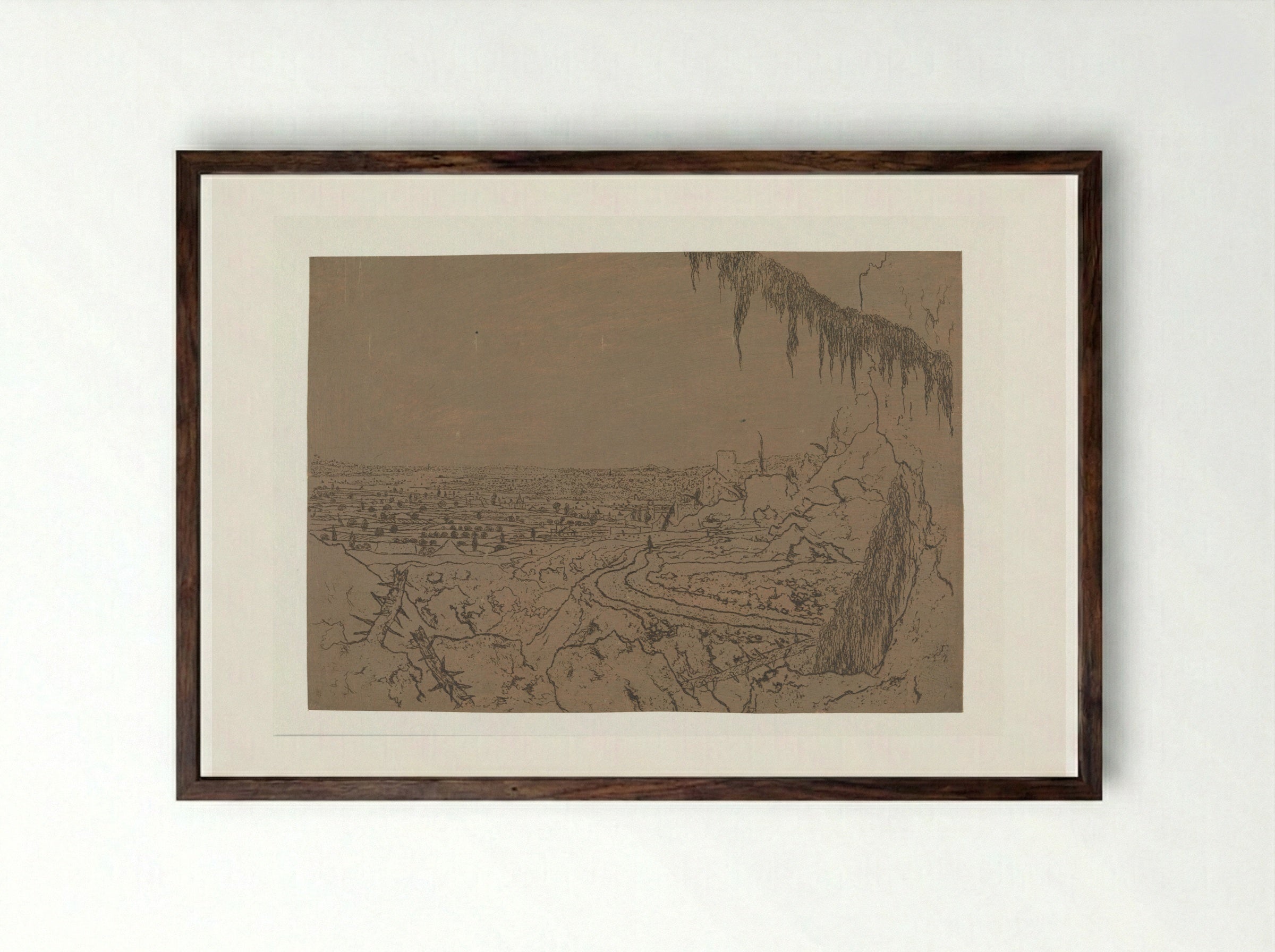 Vergezicht met een weg en bemoste takken - Hercules Segers - Framed Print Dark Wood
