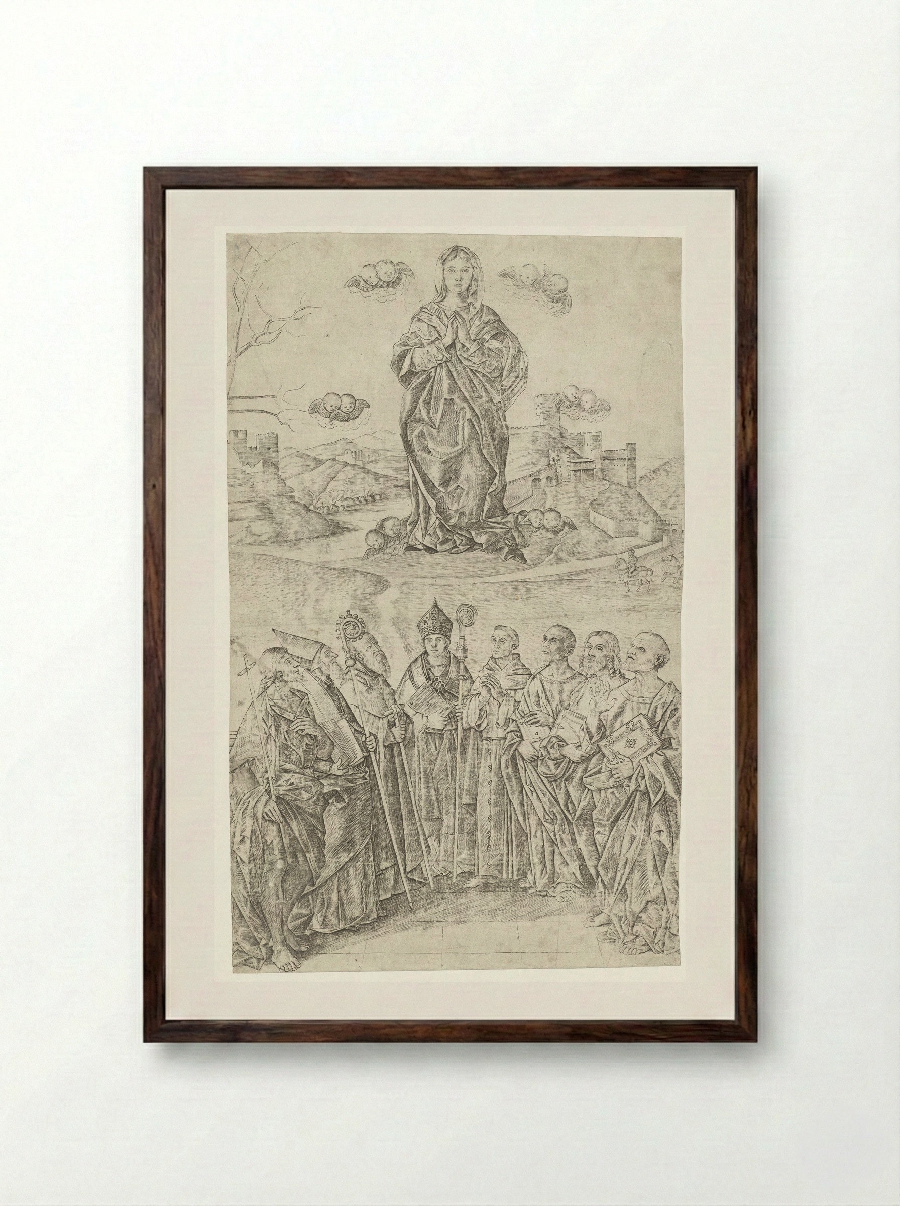 Verheerlijking van Maria met acht heiligen - Girolamo Mocetto - Framed Print Dark Wood