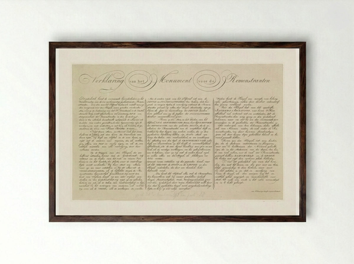 Verklaring bij de prent Monument voor de Remonstranten - Johannes Jelgerhuis - Framed Print Dark Wood