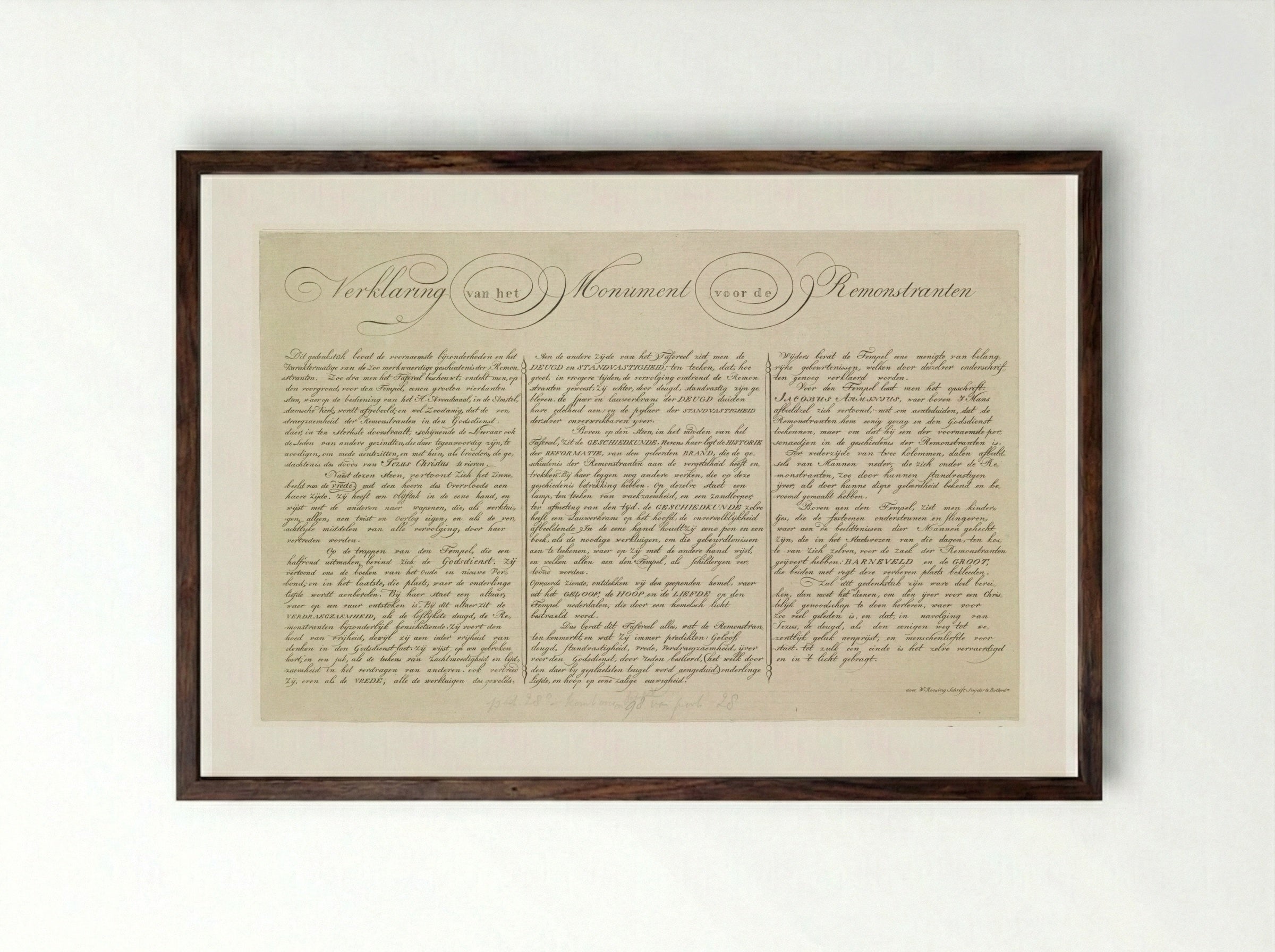 Verklaring bij de prent Monument voor de Remonstranten - Johannes Jelgerhuis - Framed Print Dark Wood