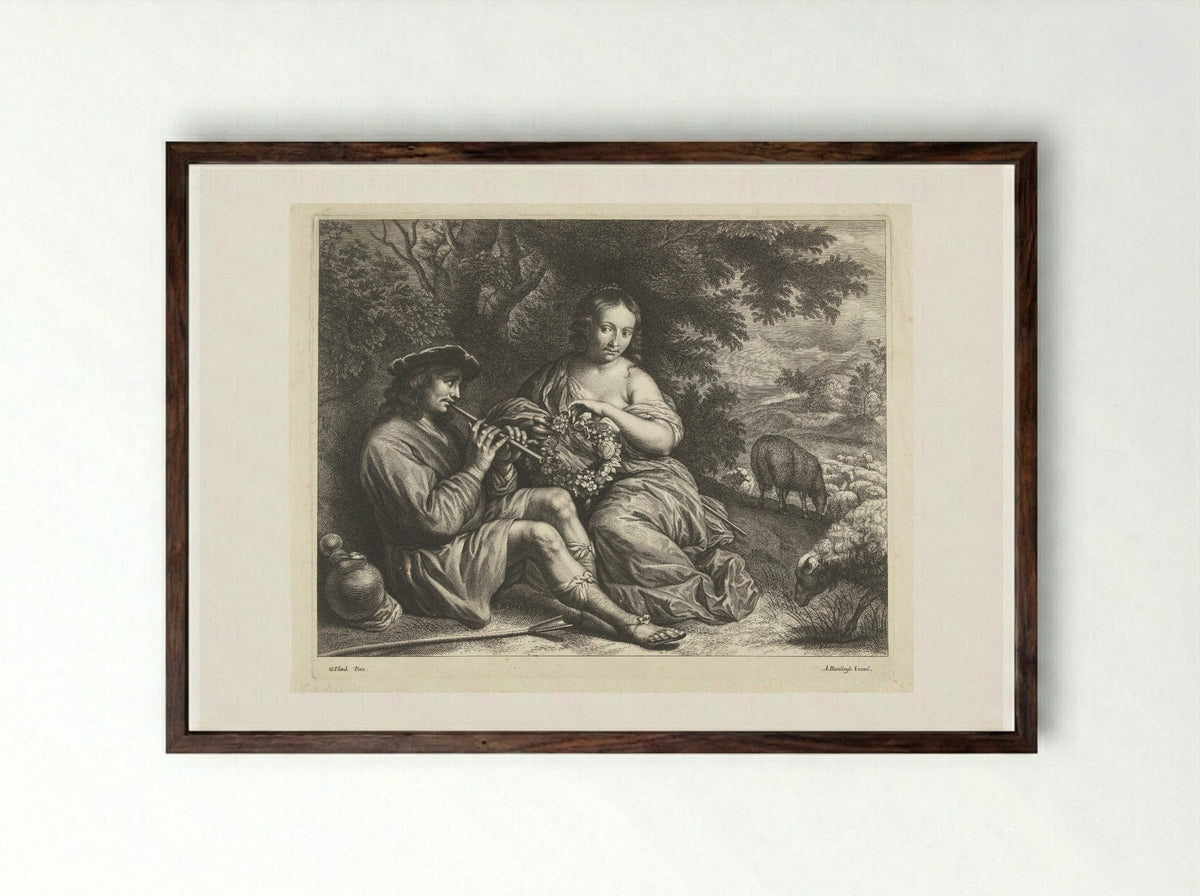 Verliefd herderspaar onder een boom - Abraham Bloteling - Framed Print Dark Wood