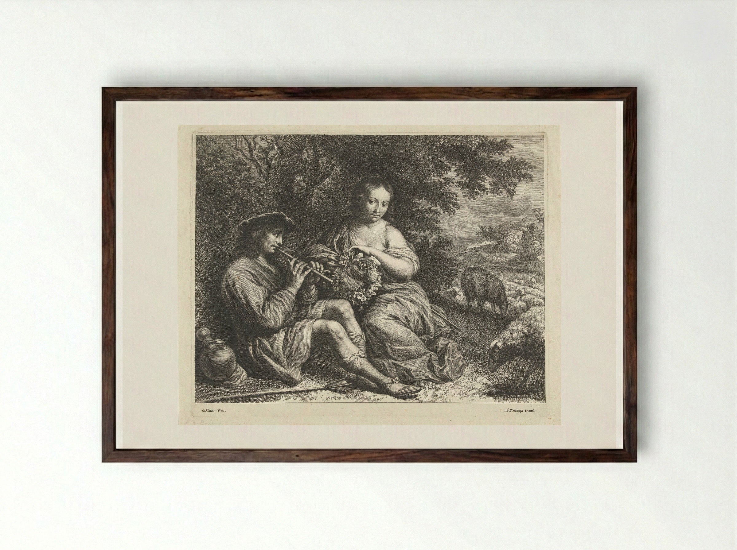 Verliefd herderspaar onder een boom - Abraham Bloteling - Framed Print Dark Wood