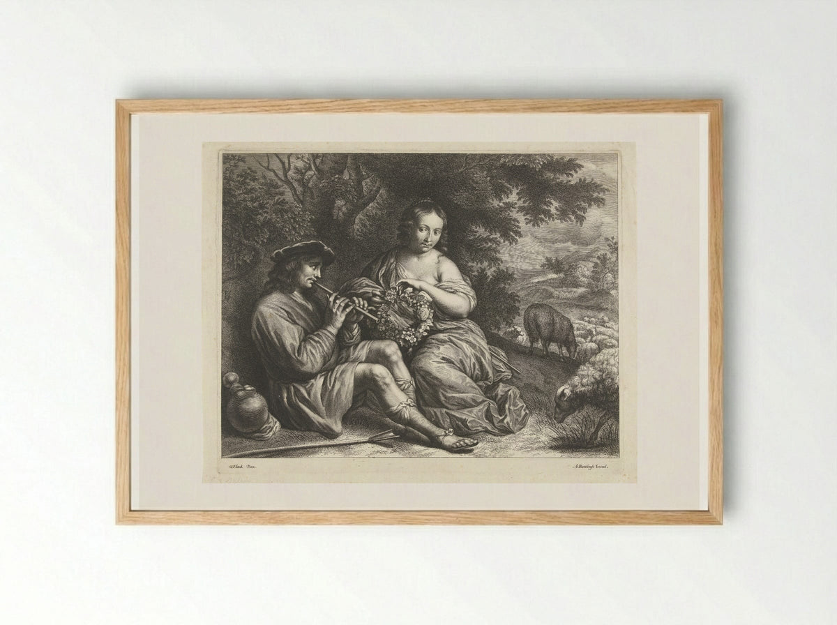 Verliefd herderspaar onder een boom - Abraham Bloteling - Framed Print Wood