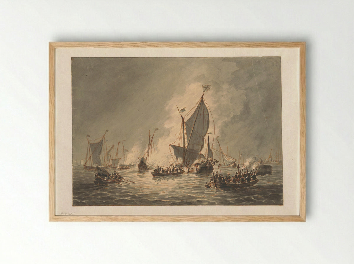 Vernielen en verbranden door de Watergeuzen van de Spaanse schepen bij Den Briel, 1572 - Hendrik Vettewinkel - Framed Print Wood