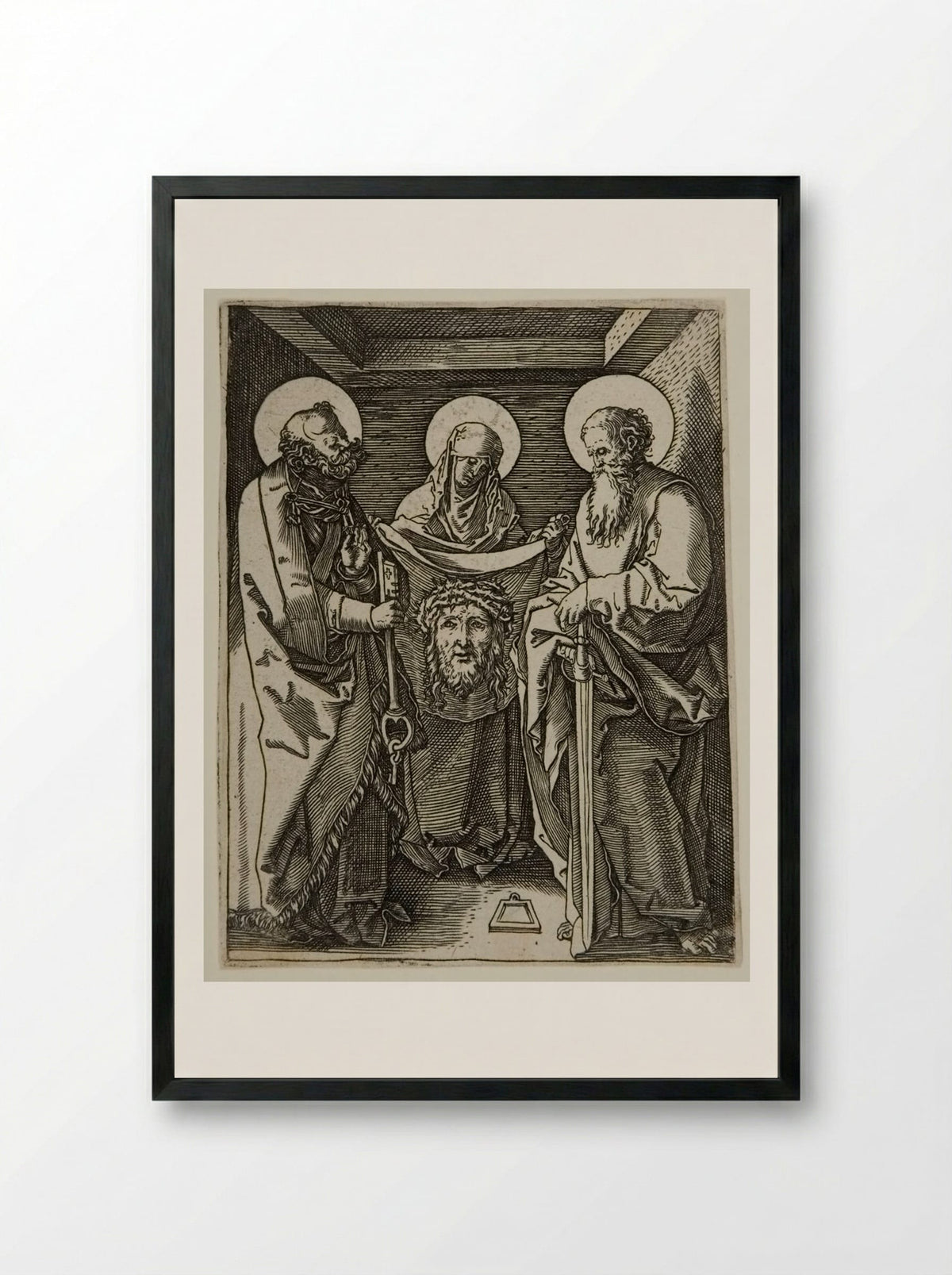 Veronica with the Sudarium with Saints Peter and Paul - Marcantonio Raimondi - Framed Print Black