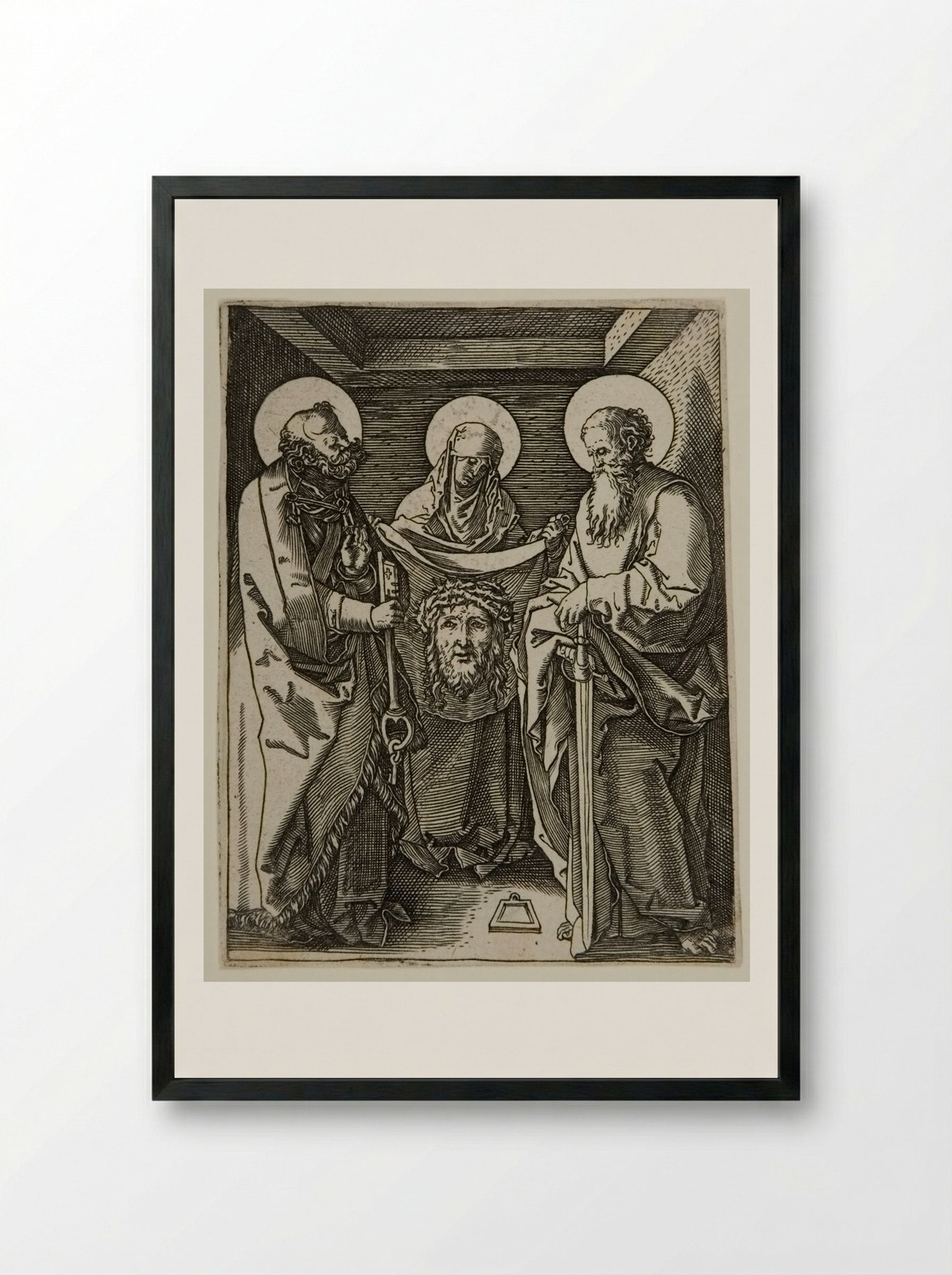 Veronica with the Sudarium with Saints Peter and Paul - Marcantonio Raimondi - Framed Print Black