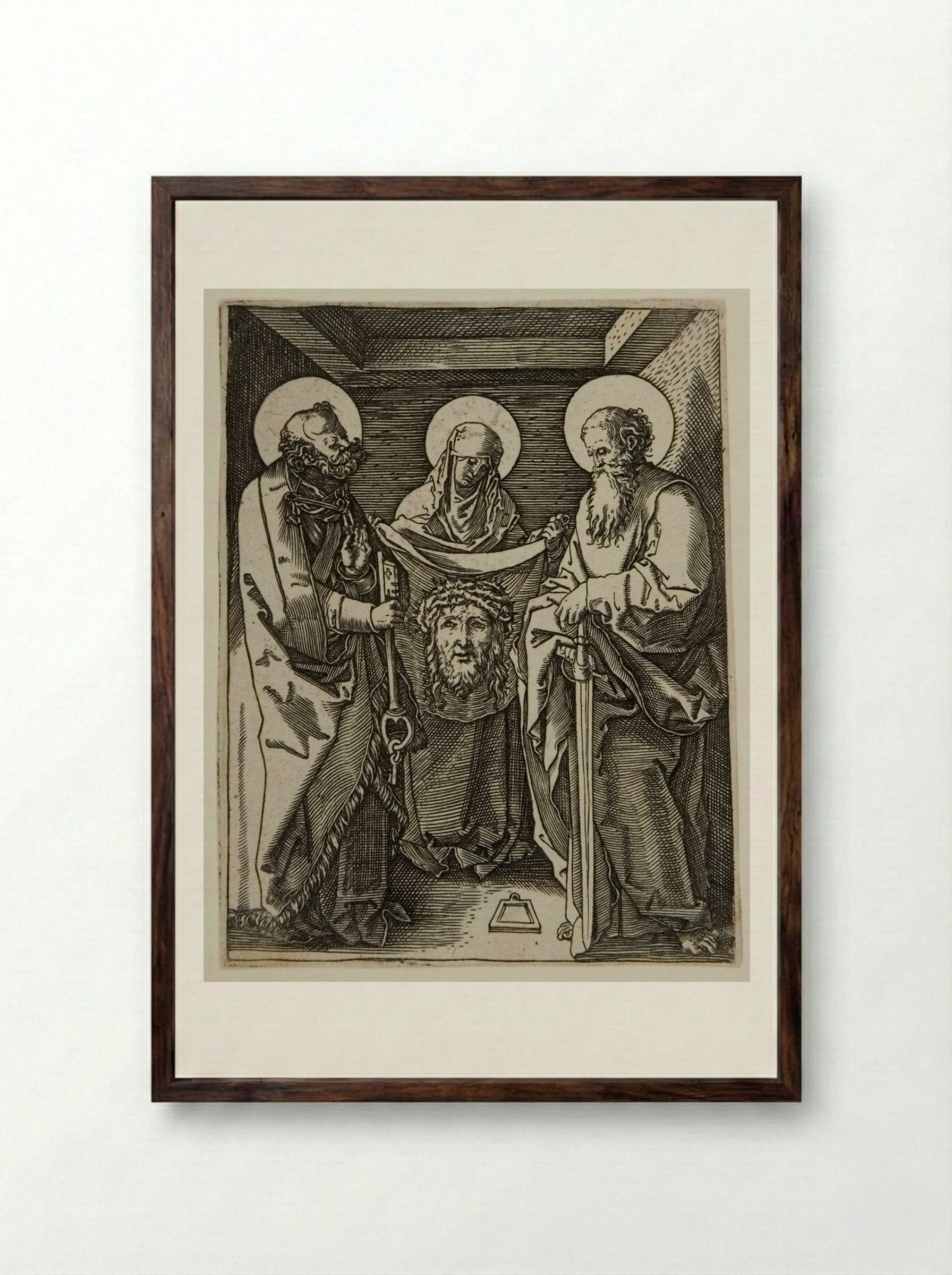 Veronica with the Sudarium with Saints Peter and Paul - Marcantonio Raimondi - Framed Print Dark Wood