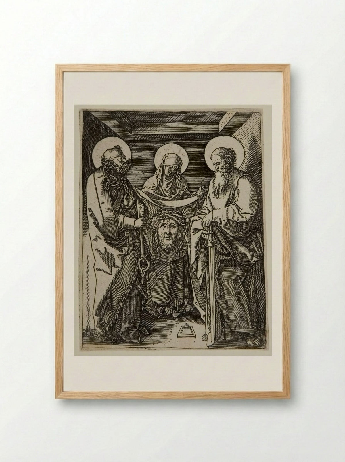 Veronica with the Sudarium with Saints Peter and Paul - Marcantonio Raimondi - Framed Print Wood