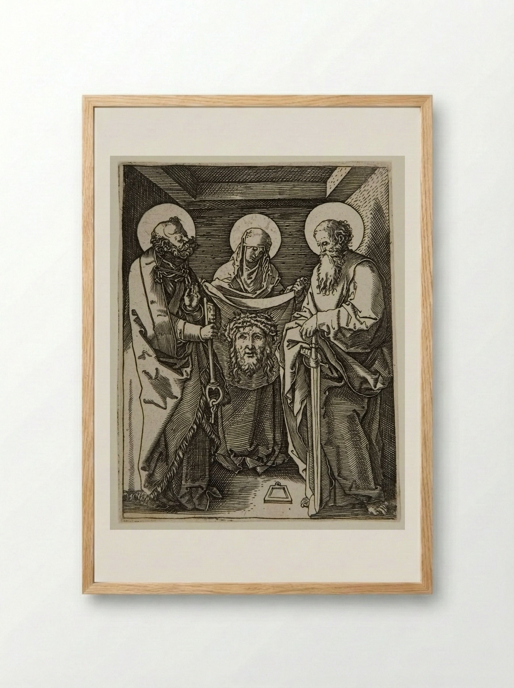 Veronica with the Sudarium with Saints Peter and Paul - Marcantonio Raimondi - Framed Print Wood