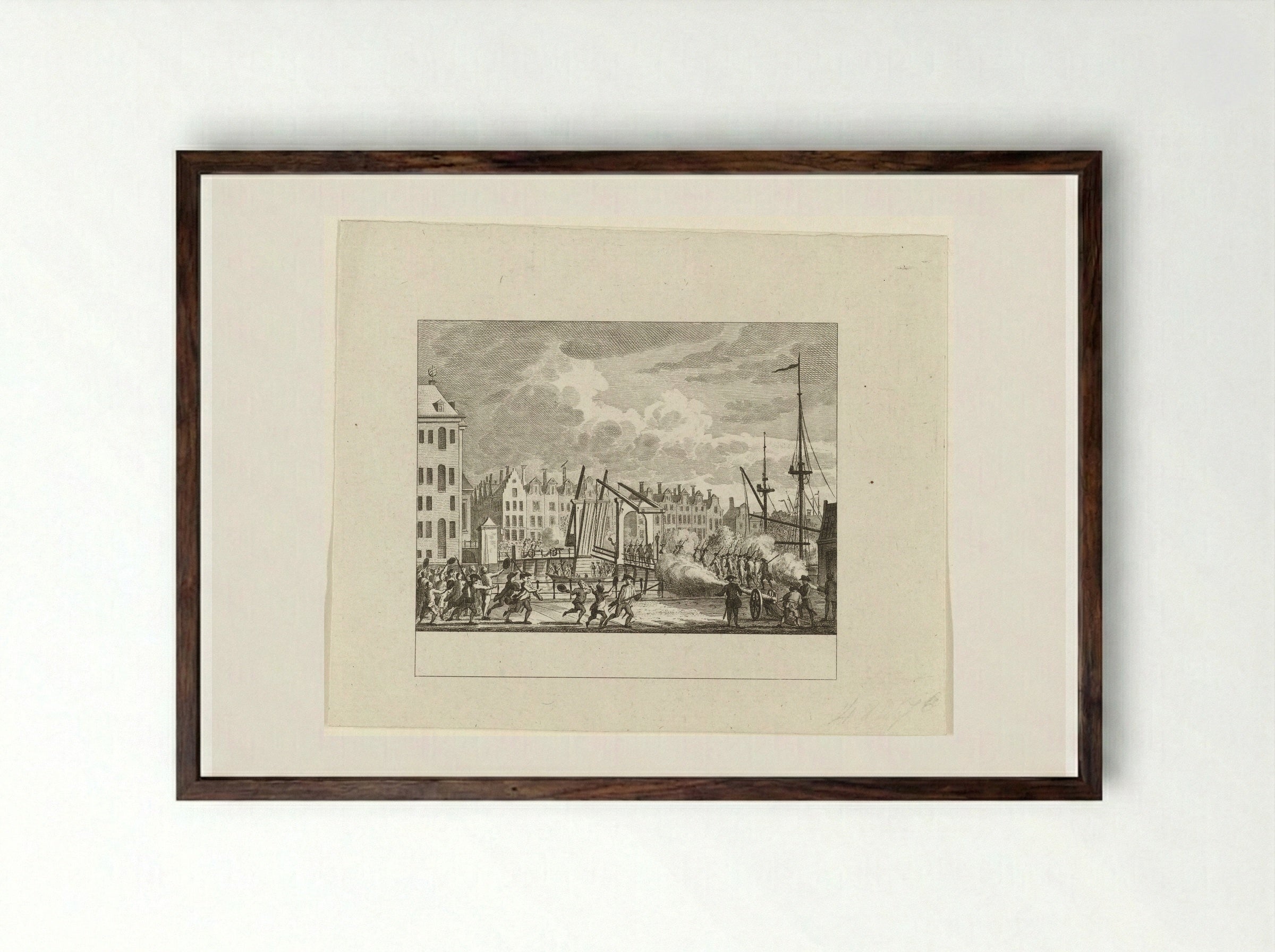 Verovering van de Kattenburgerbrug - Cornelis Brouwer - Framed Print Dark Wood