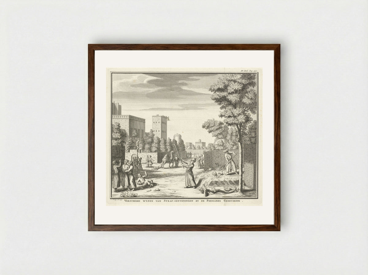 Verscheide wyzen van straf-oeffeningen by de Persianen gebruiklyk - Jan Caspar Philips - Framed Print Dark Wood