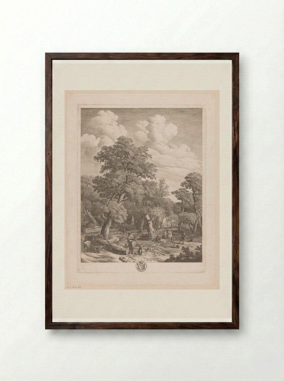 Verschillende figuren in een bos met twee huizen - Jean Moyreau - Framed Print Dark Wood