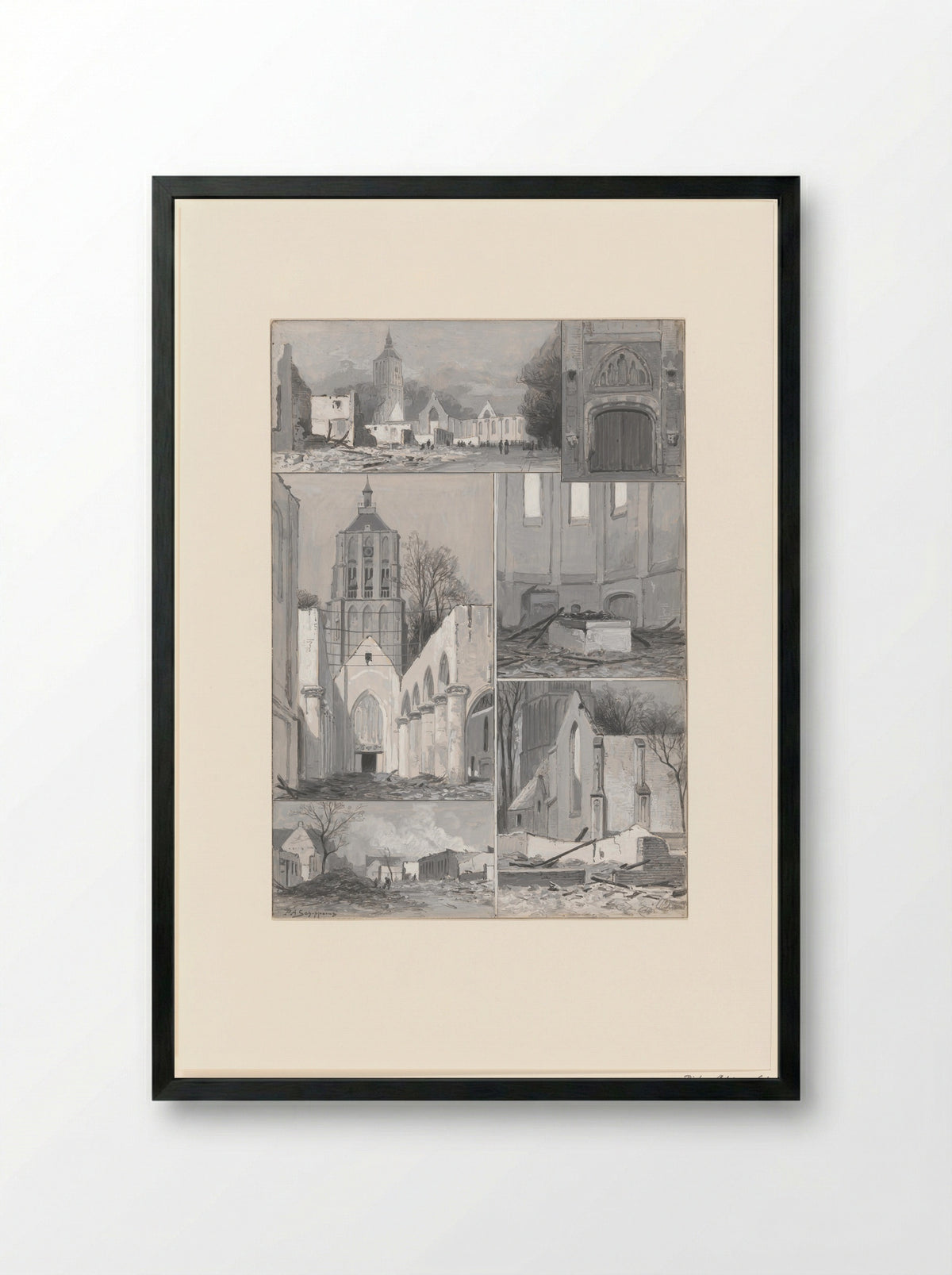 Verschillende gezichten op en in de kerk van Asperen na een brand - Pieter Adrianus Schipperus - Framed Print Black