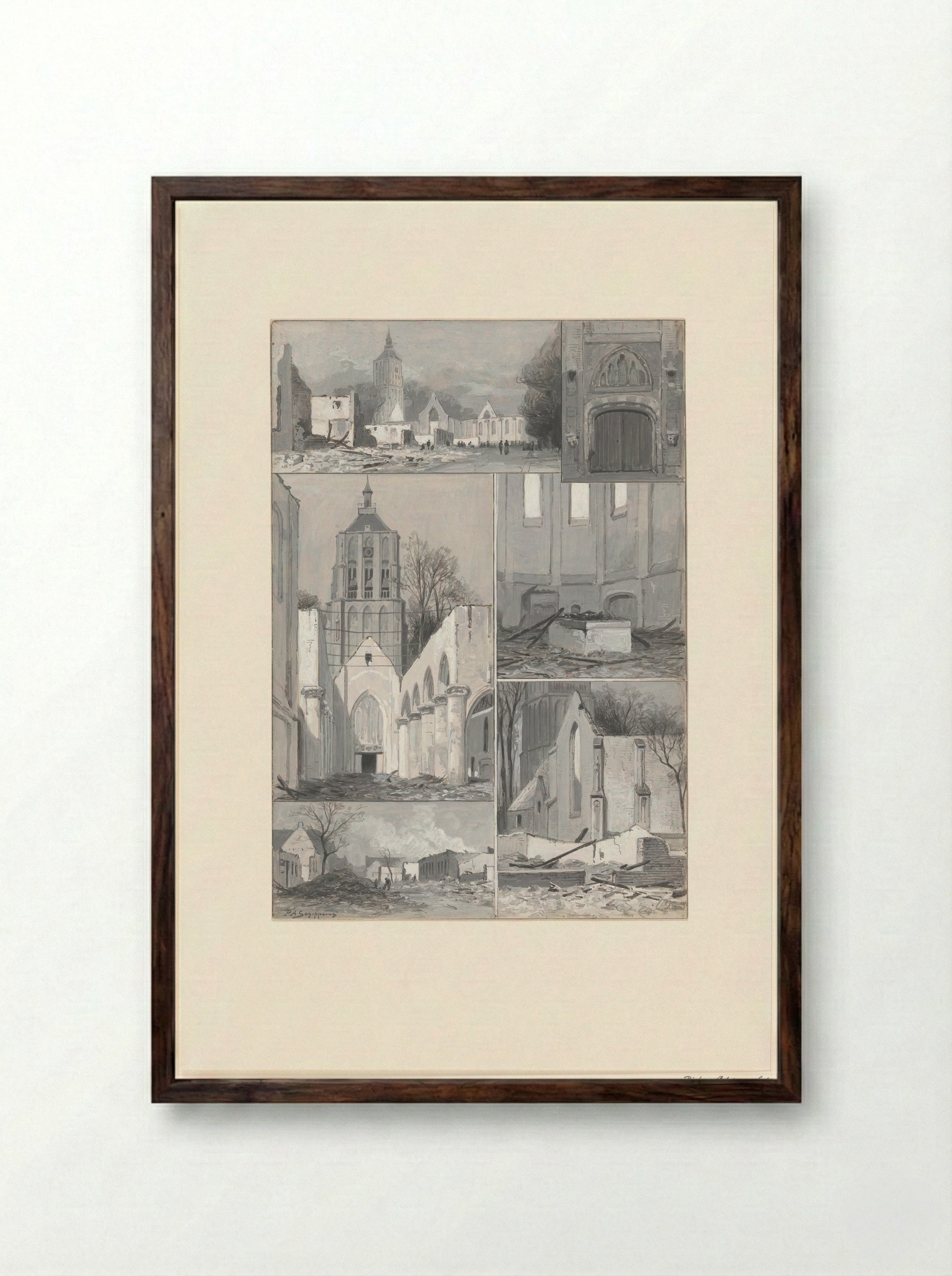 Verschillende gezichten op en in de kerk van Asperen na een brand - Pieter Adrianus Schipperus - Framed Print Dark Wood