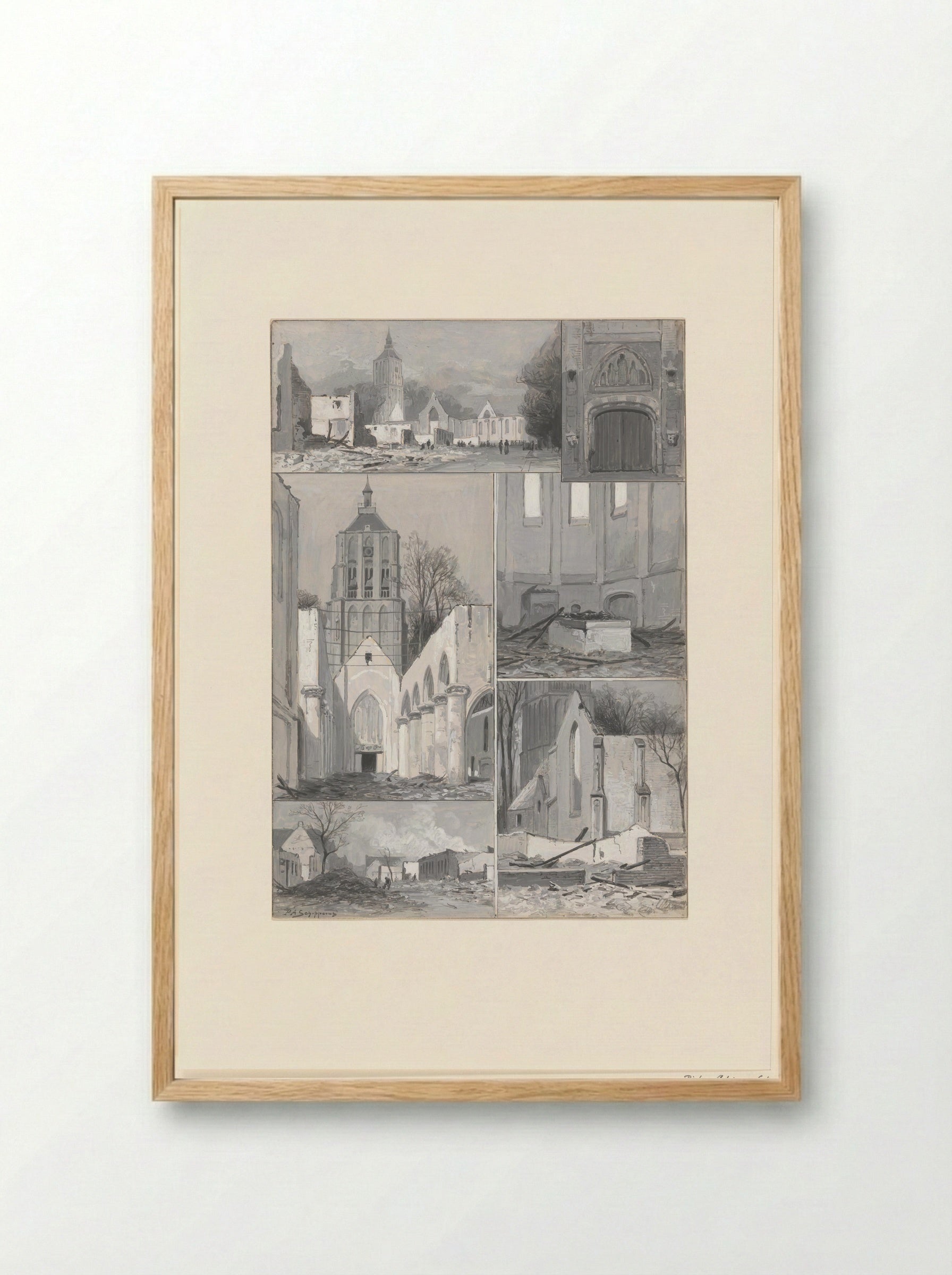 Verschillende gezichten op en in de kerk van Asperen na een brand - Pieter Adrianus Schipperus - Framed Print Wood