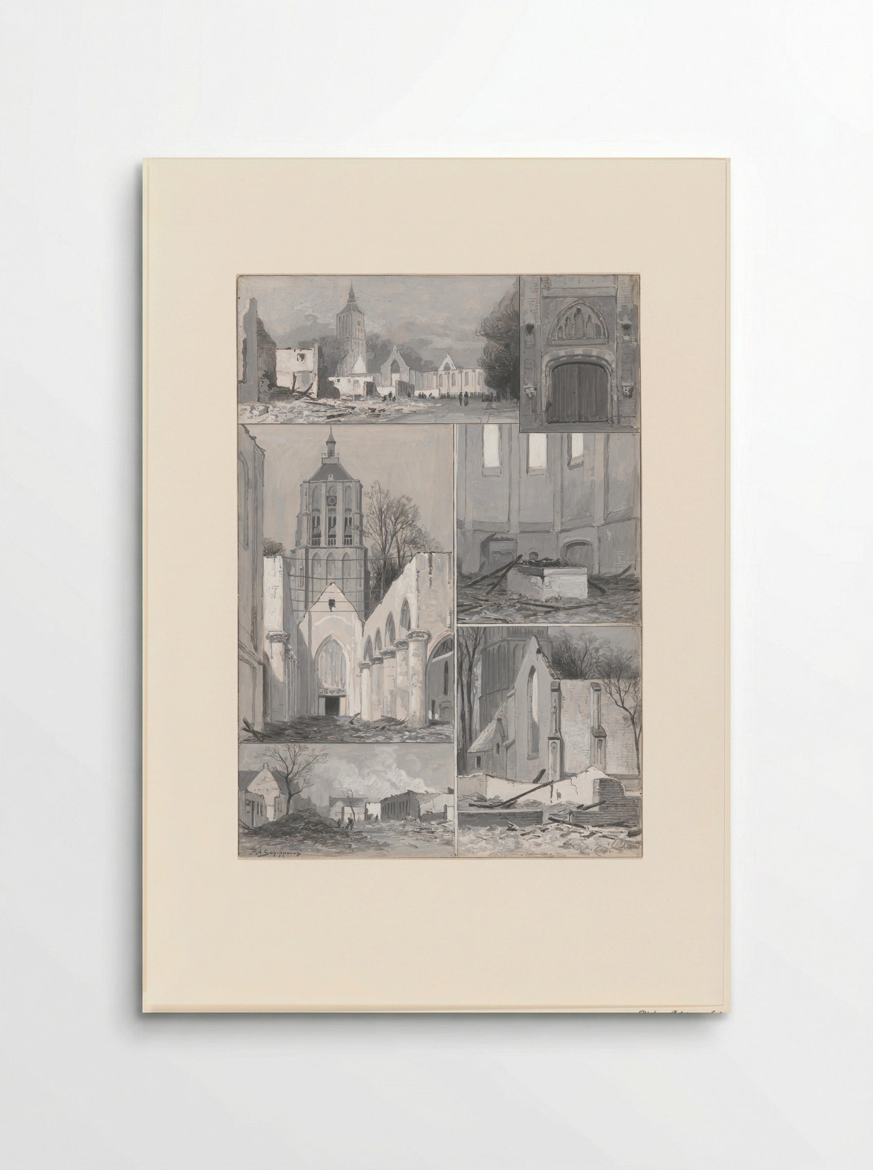 Verschillende gezichten op en in de kerk van Asperen na een brand - Pieter Adrianus Schipperus - Poster