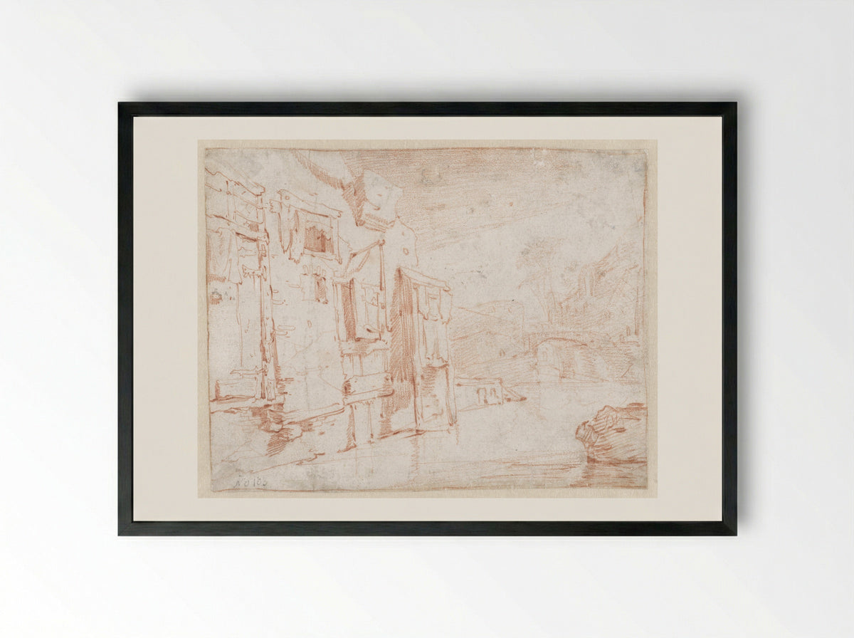 Vervallen huizen aan het water - Jan Baptist Weenix - Framed Print Black