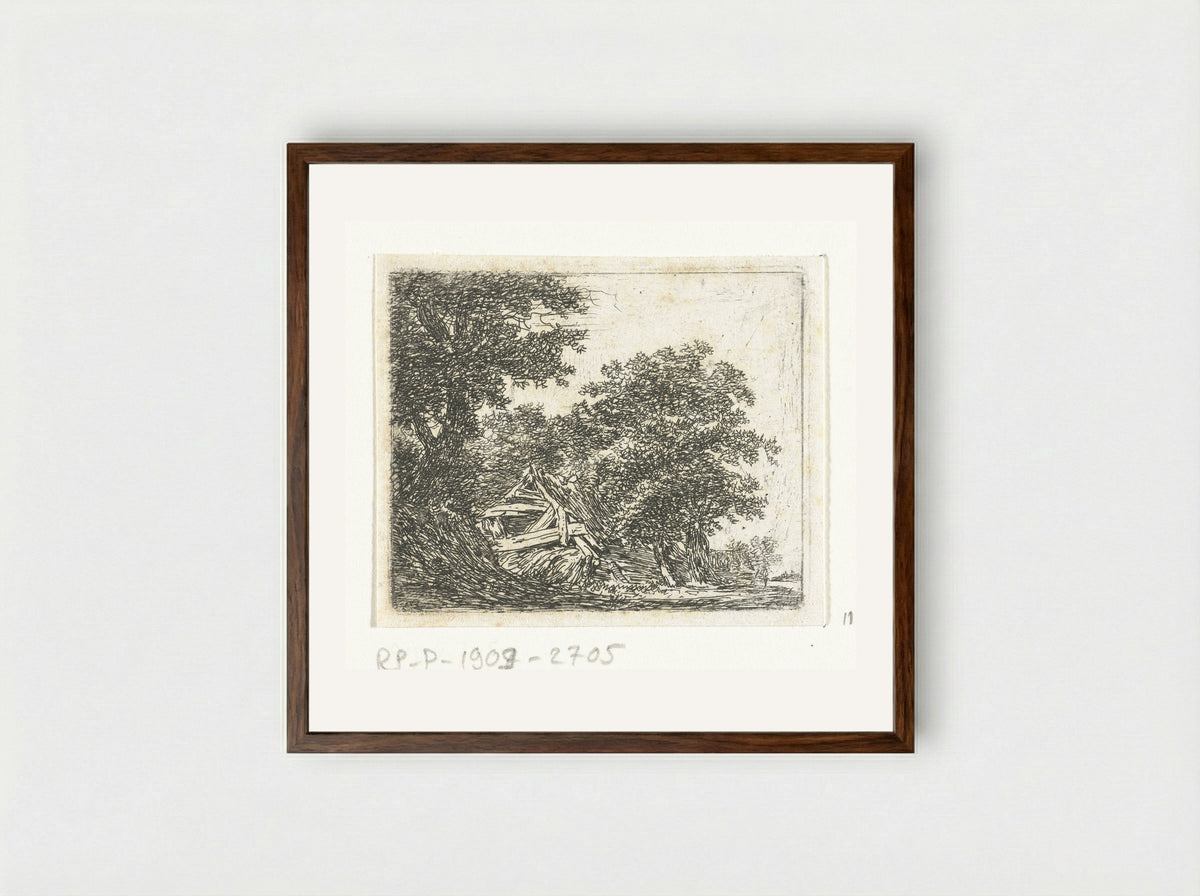 Vervallen hut in het bos - Hermanus van Brussel - Framed Print Dark Wood