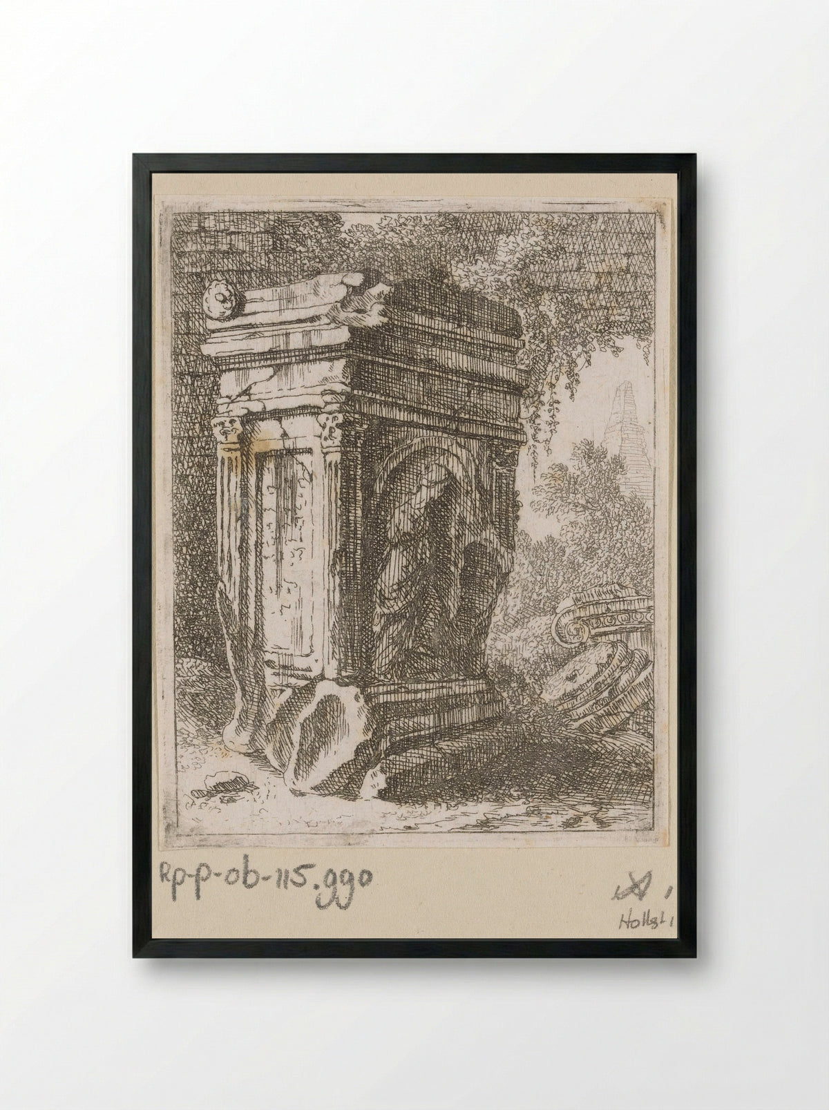 Vervallen monument met vrouwenfiguur - Johann Franz Ermels - Framed Print Black
