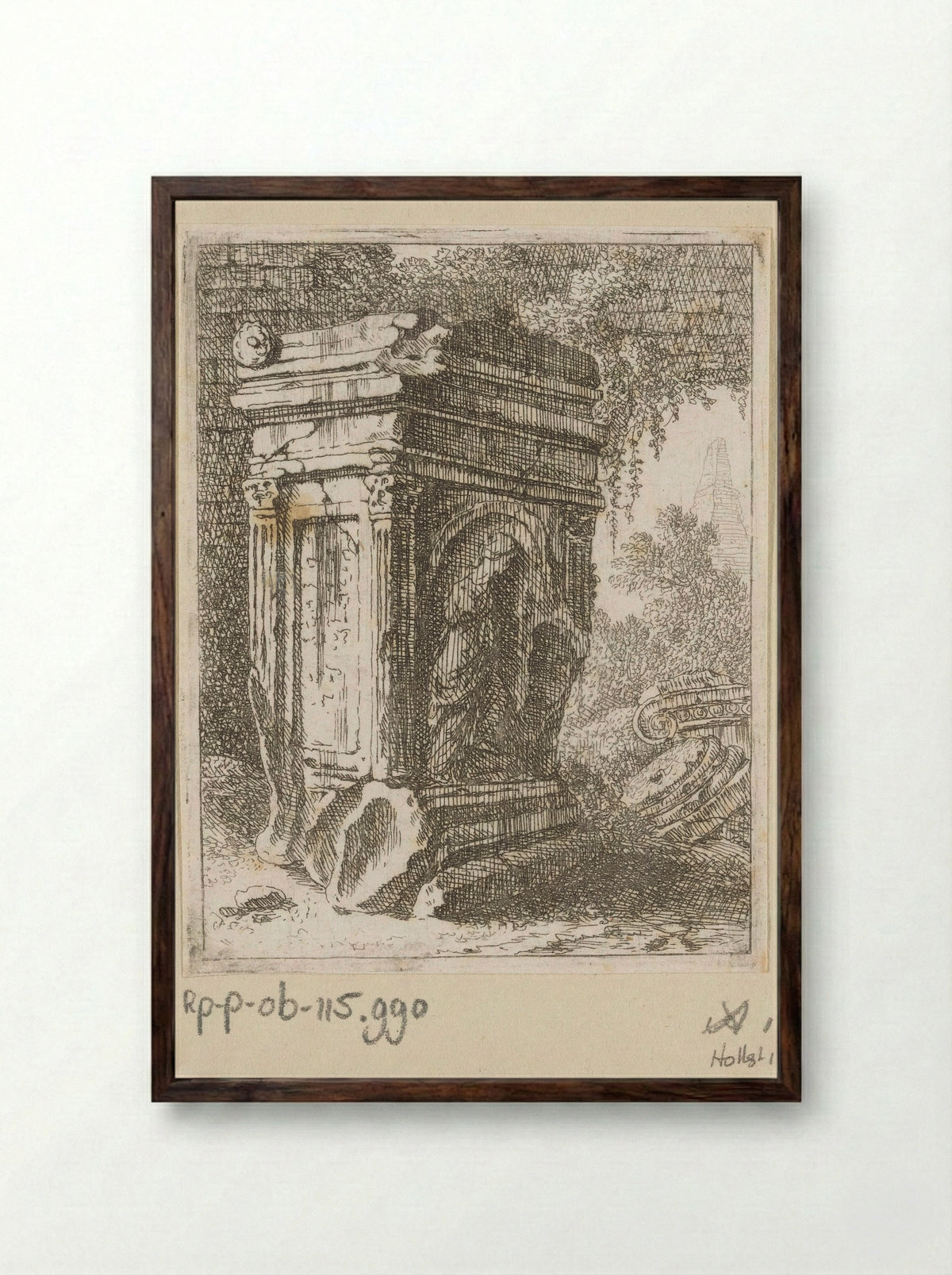 Vervallen monument met vrouwenfiguur - Johann Franz Ermels - Framed Print Dark Wood