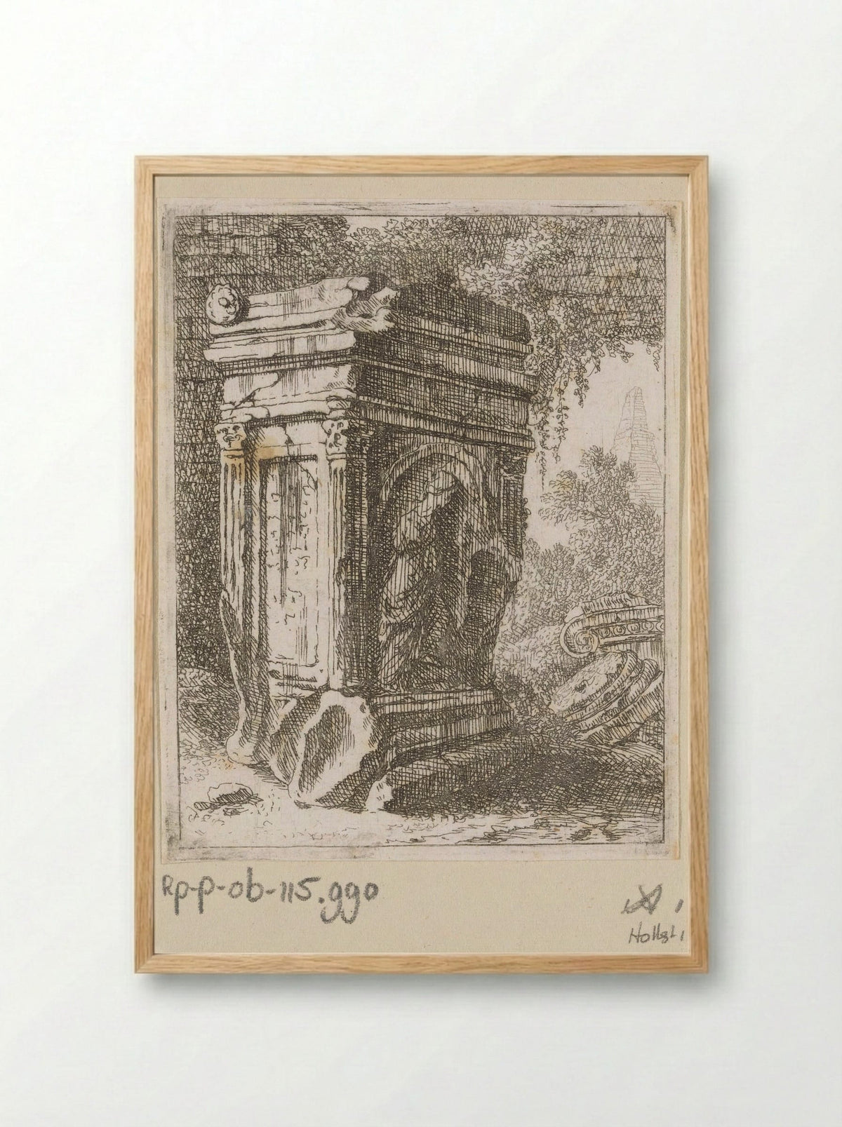 Vervallen monument met vrouwenfiguur - Johann Franz Ermels - Framed Print Wood