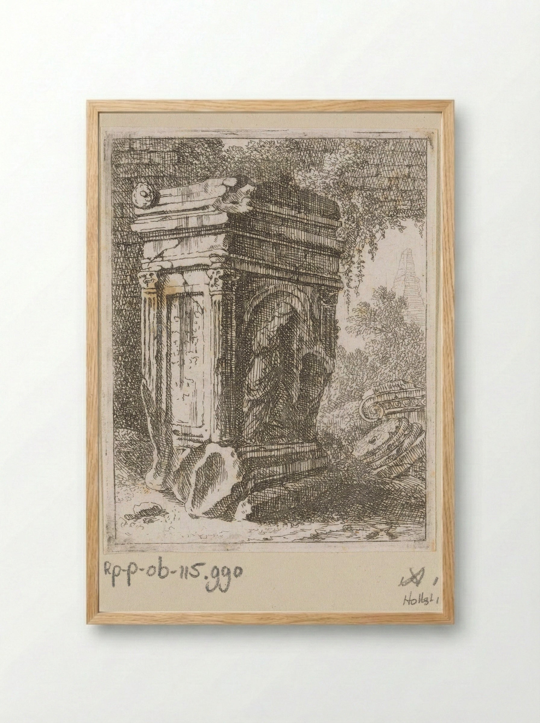 Vervallen monument met vrouwenfiguur - Johann Franz Ermels - Framed Print Wood
