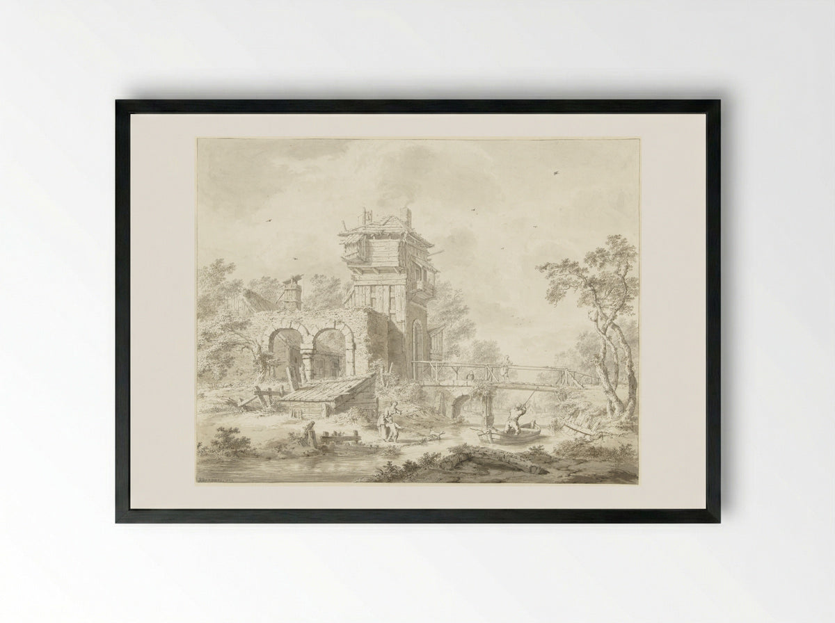 Vervallen poortgebouw met brug - Bartholomeus Barbiers - Framed Print Black